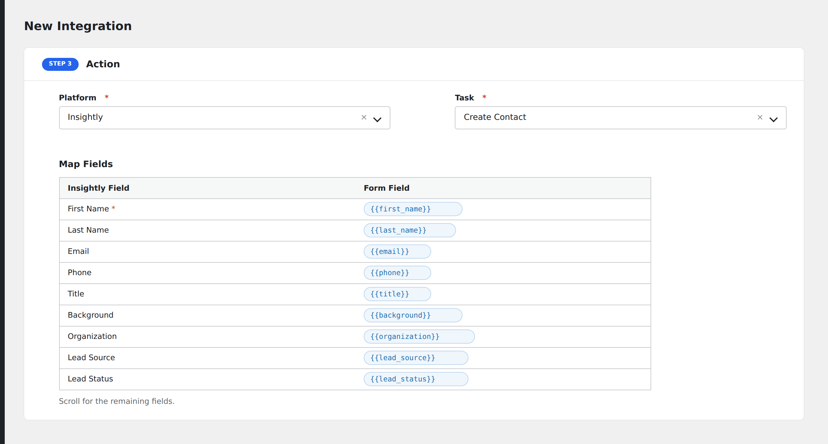 Screenshot: AFI field-mapping screen with Insightly lead fields visible