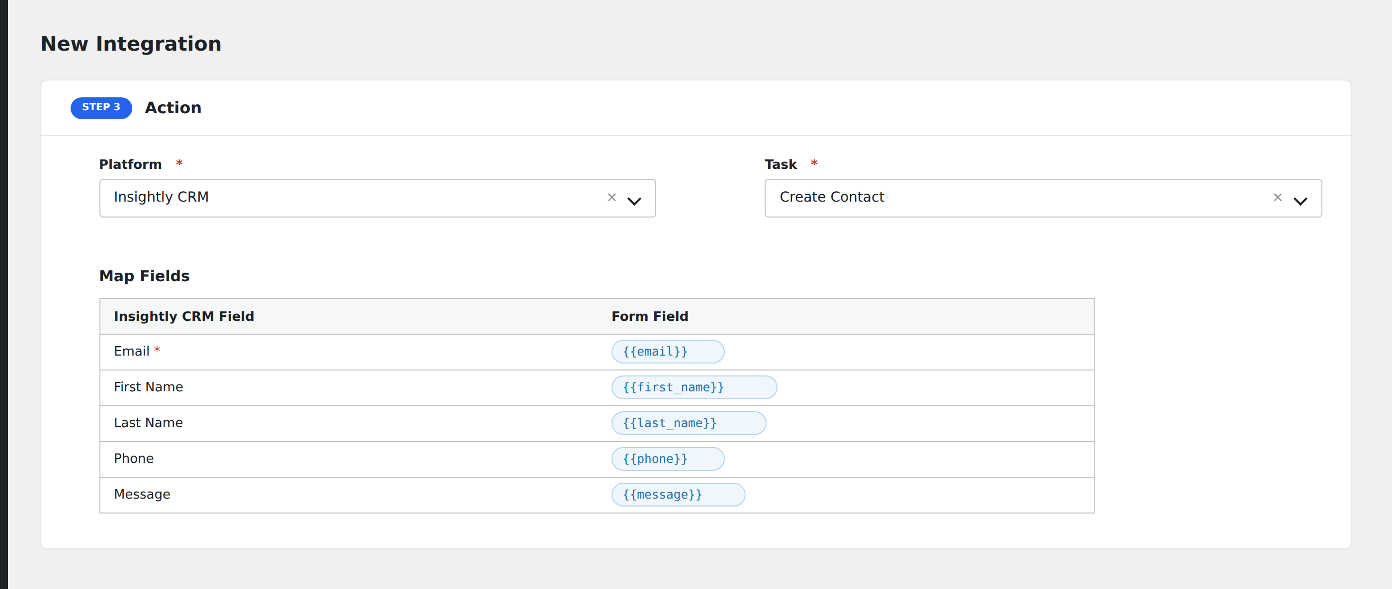 Screenshot: AFI field-mapping screen with Insightly CRM fields visible