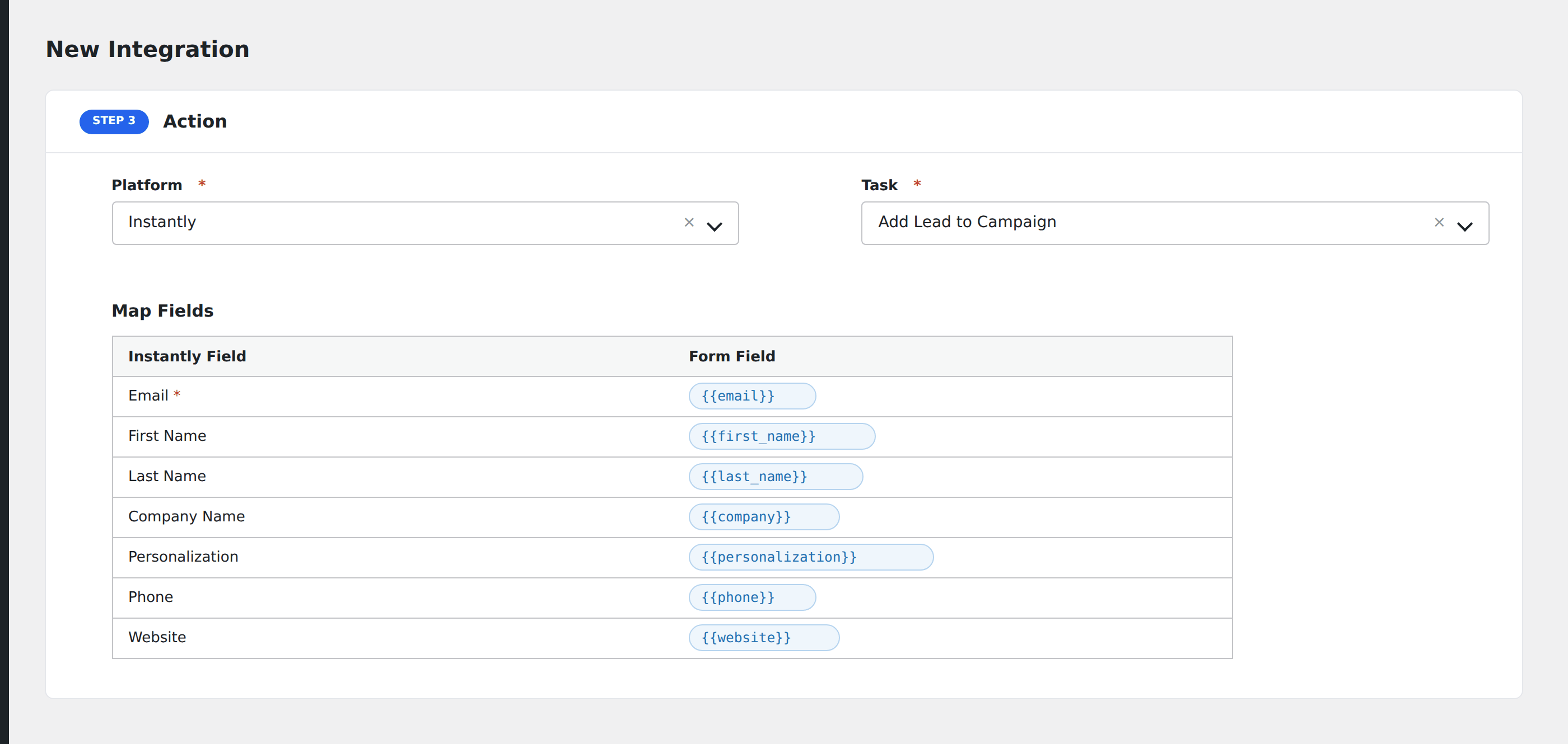 Screenshot: AFI field-mapping screen with Instantly fields visible
