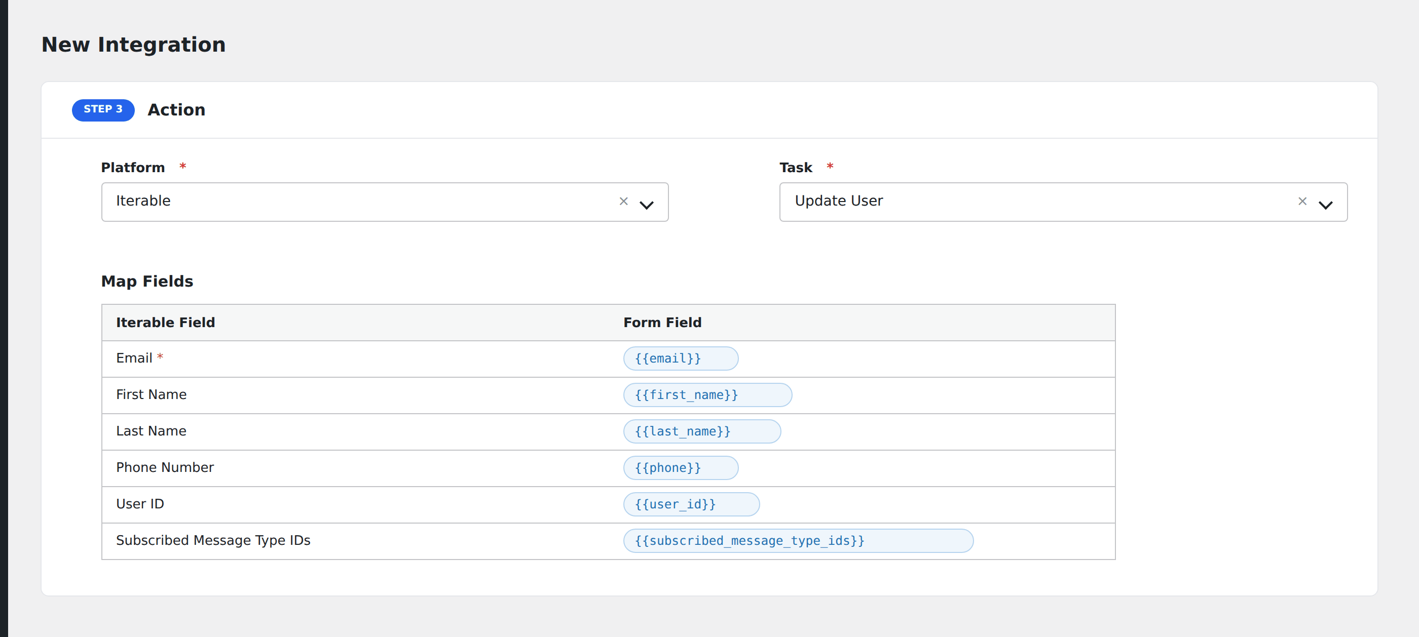 Screenshot: AFI field-mapping screen with Iterable user fields visible