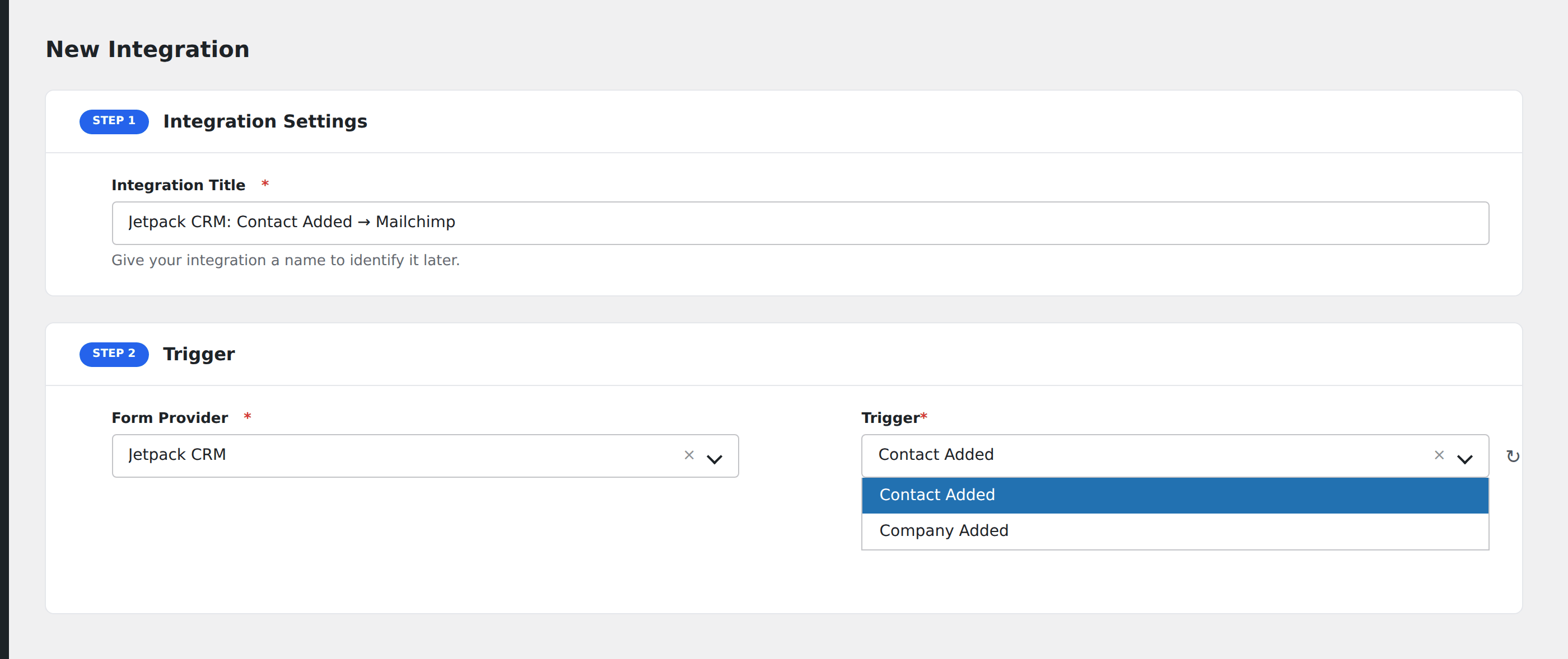Screenshot: AFI Add New screen with Jetpack CRM selected