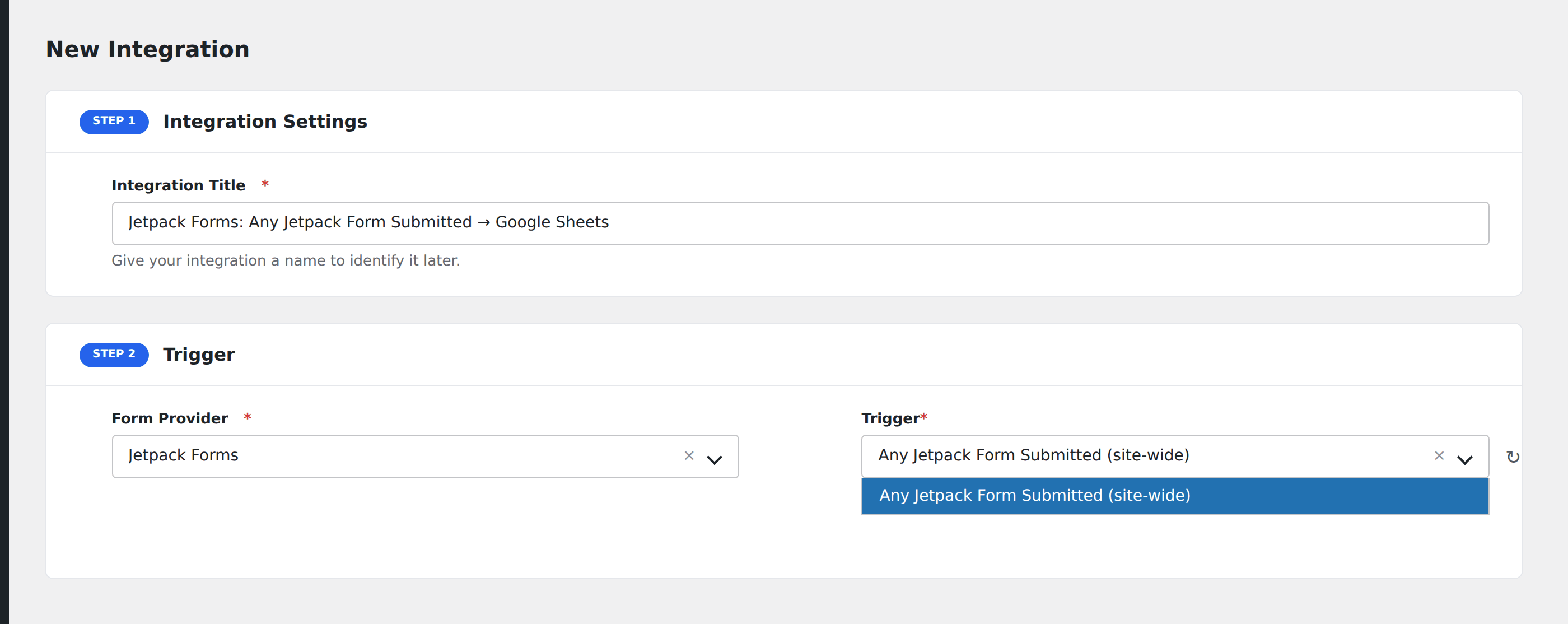 Screenshot: AFI Add New screen with Jetpack Forms selected as the Form/Data Provider