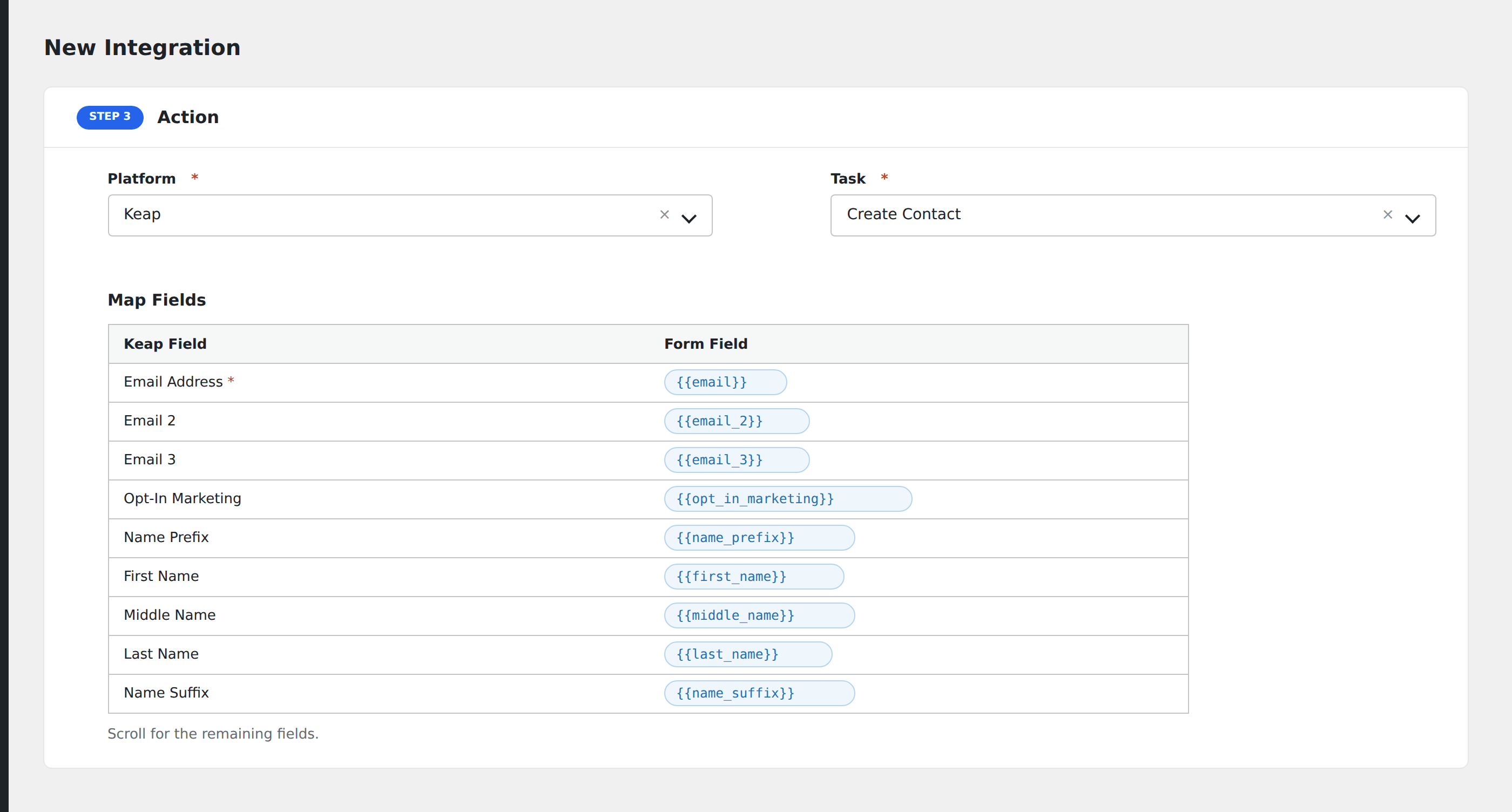 Screenshot: AFI field-mapping screen with Keap fields visible