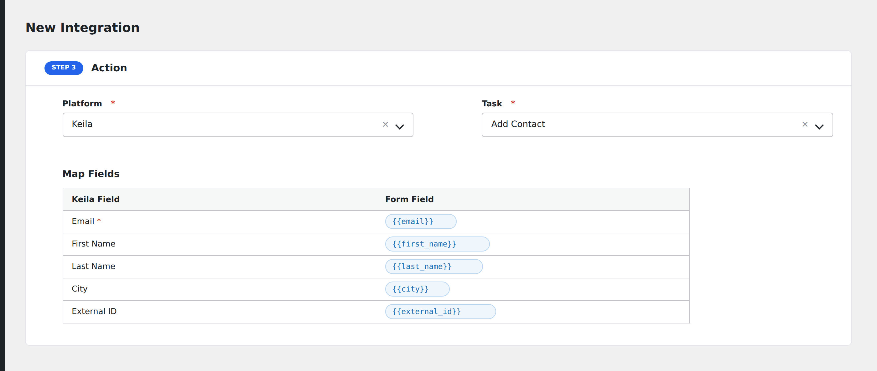 Screenshot: AFI field-mapping screen with Keila contact fields visible