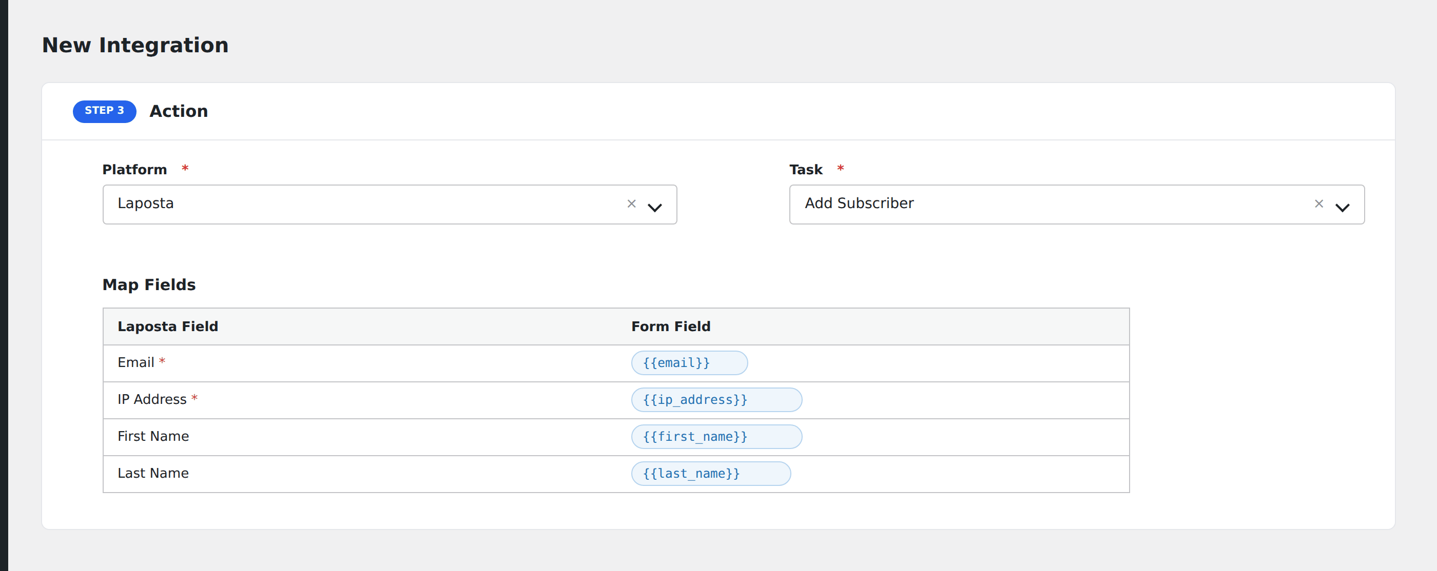 Screenshot: AFI field-mapping screen with Laposta list and subscriber fields visible