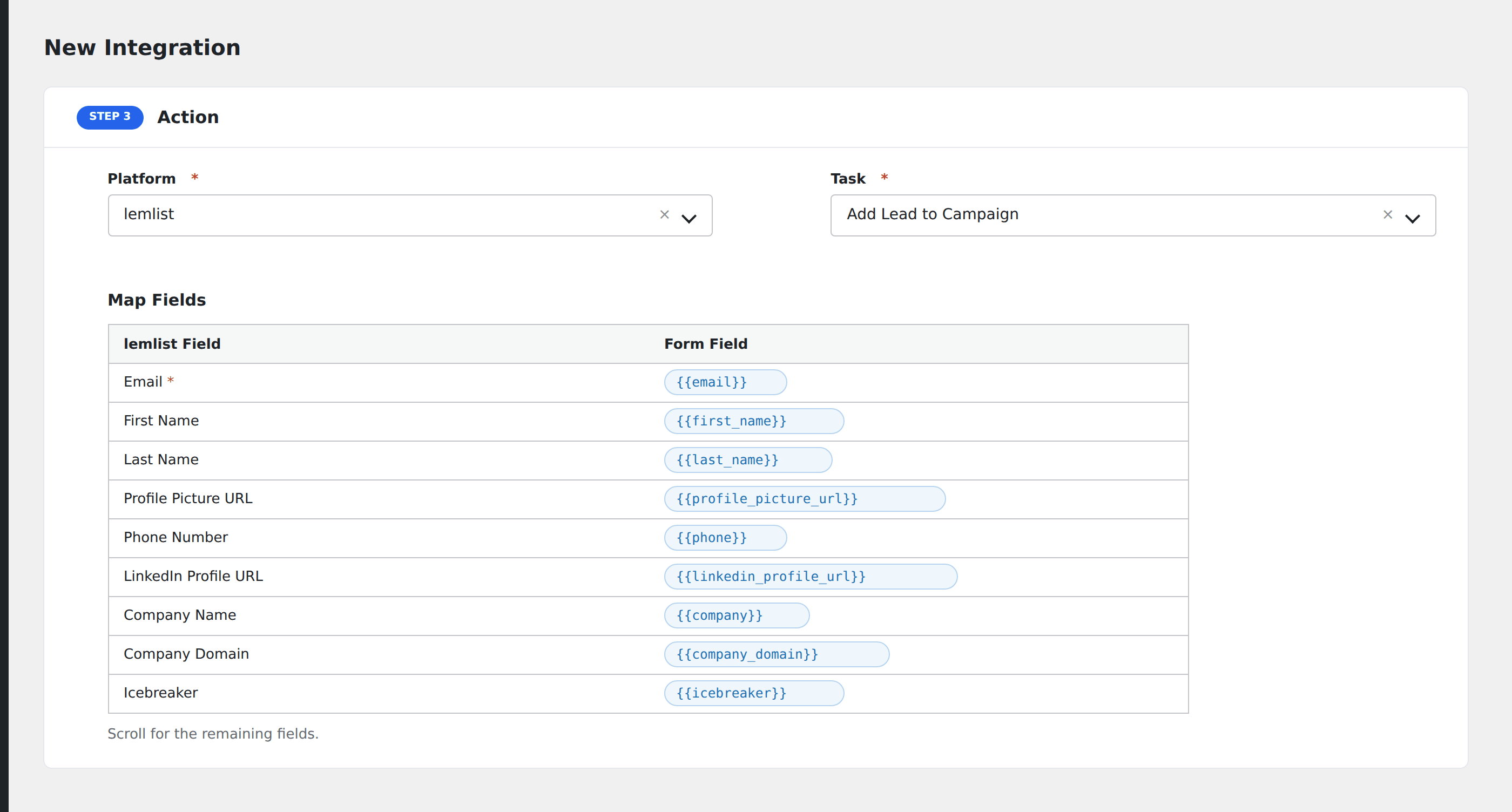 Screenshot: AFI field-mapping screen with lemlist fields visible