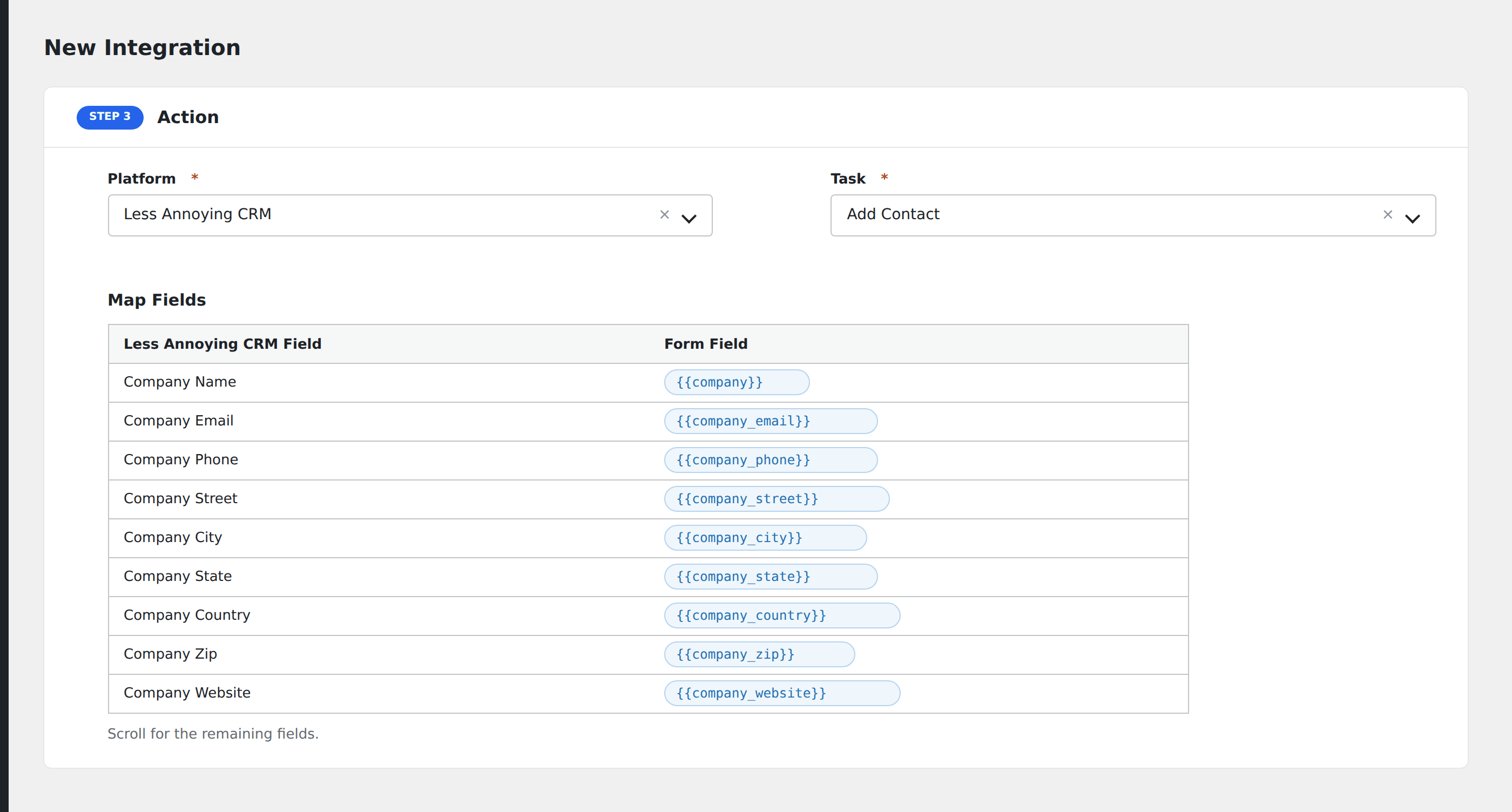 Screenshot: AFI field-mapping screen with Less Annoying CRM contact fields visible