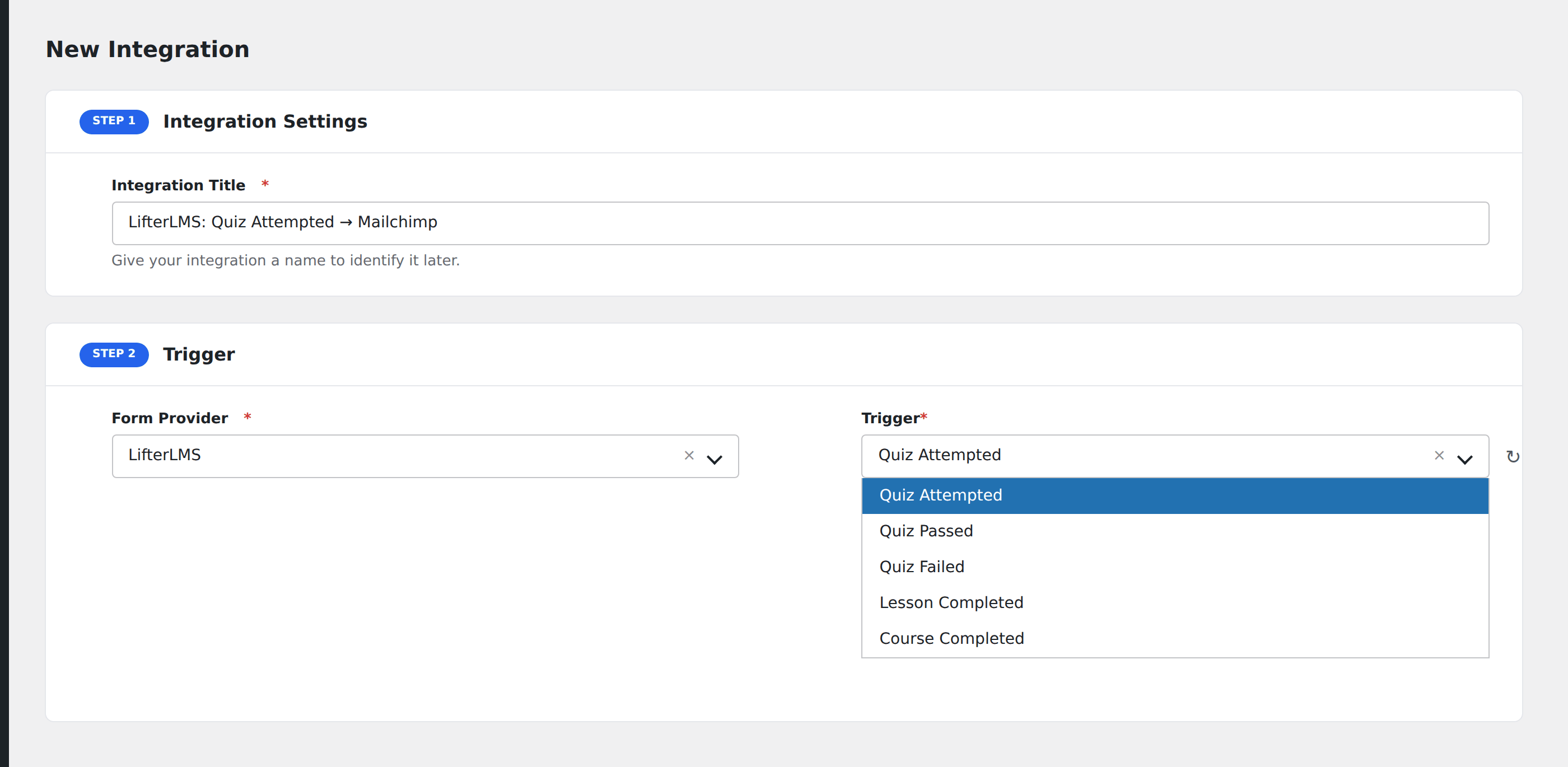 Screenshot: AFI Add New screen with LifterLMS selected and the available LMS events
