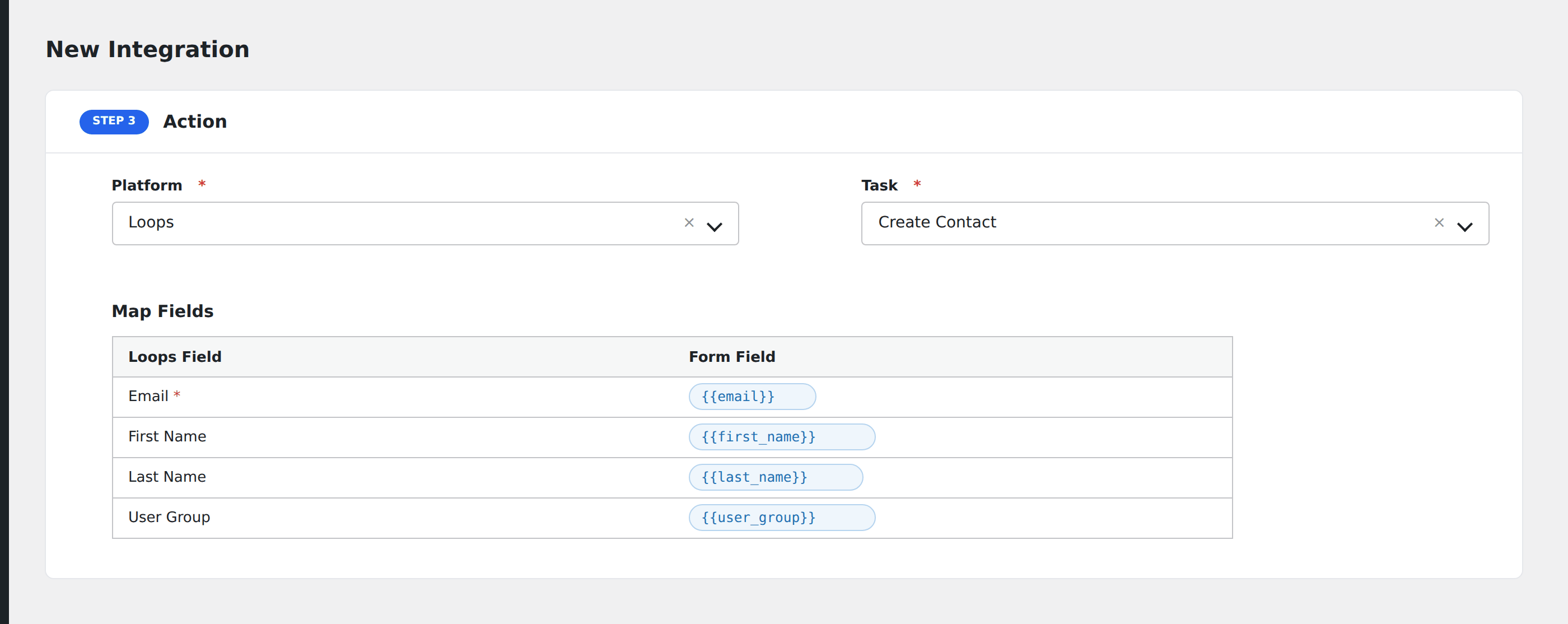 Screenshot: AFI field-mapping screen with Loops fields visible