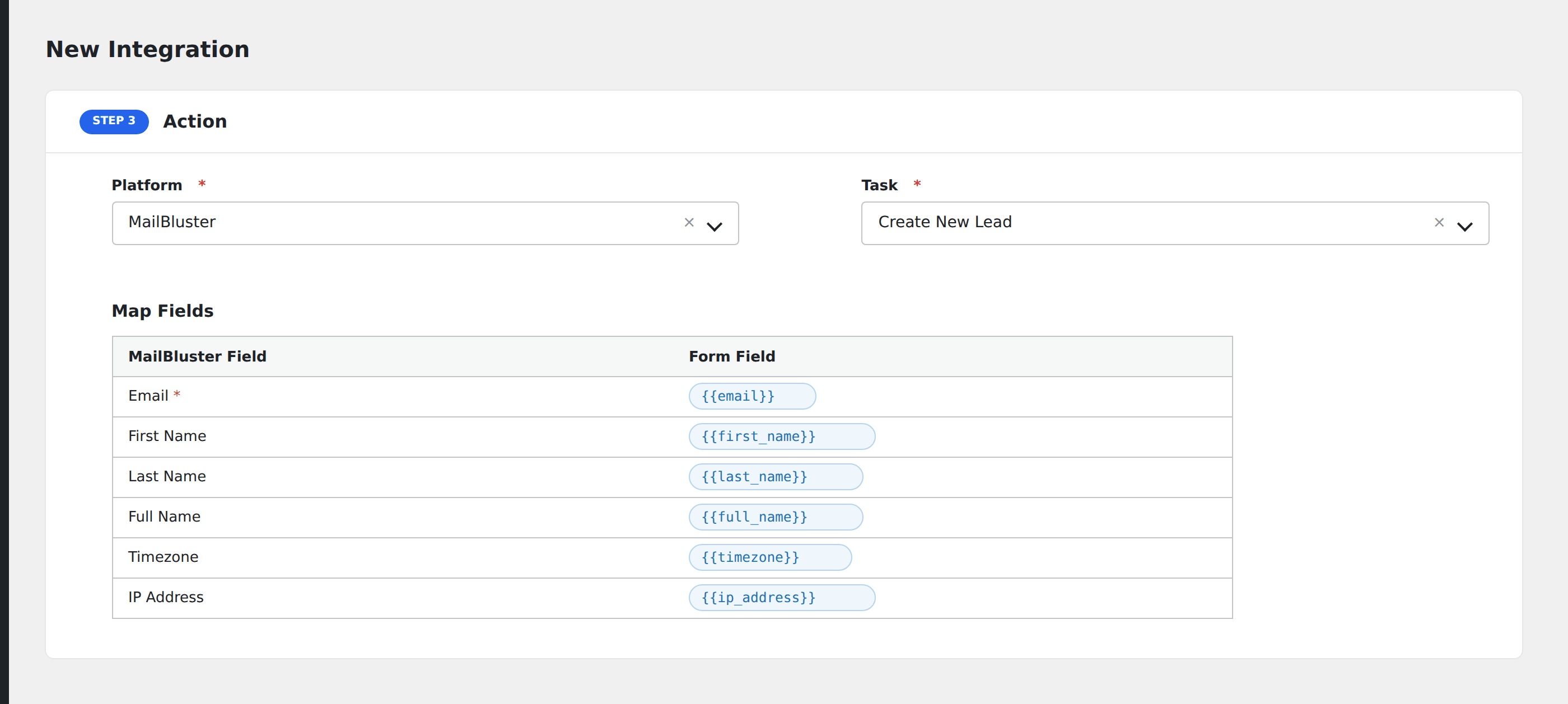 Screenshot: AFI field-mapping screen with MailBluster lead fields visible