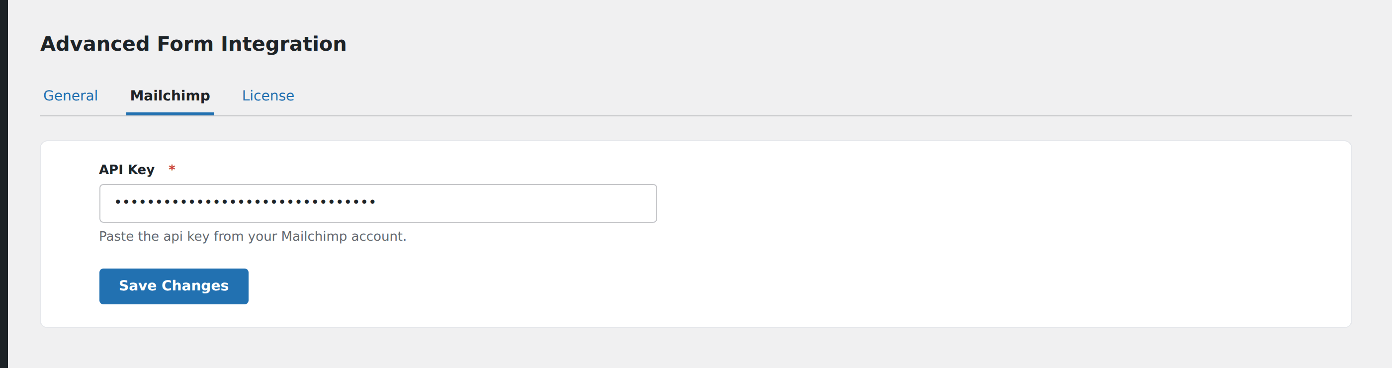 Screenshot: AFI Settings → Mailchimp tab with the API Key field populated and the Save Changes button visible