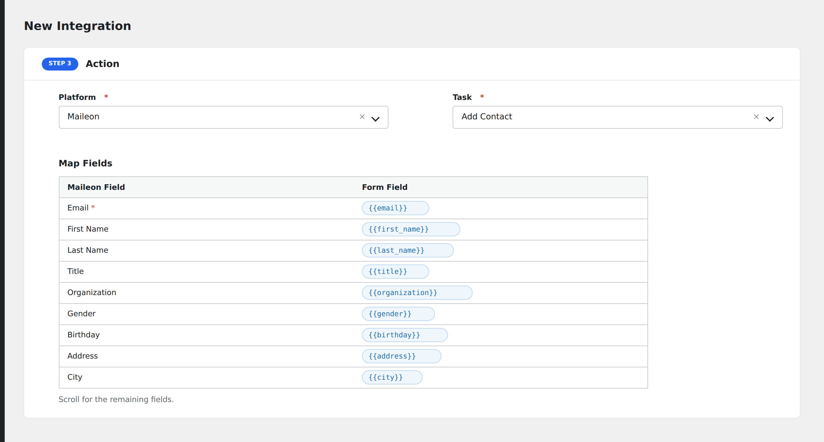 Screenshot: AFI field-mapping screen with Maileon contact and permission fields visible