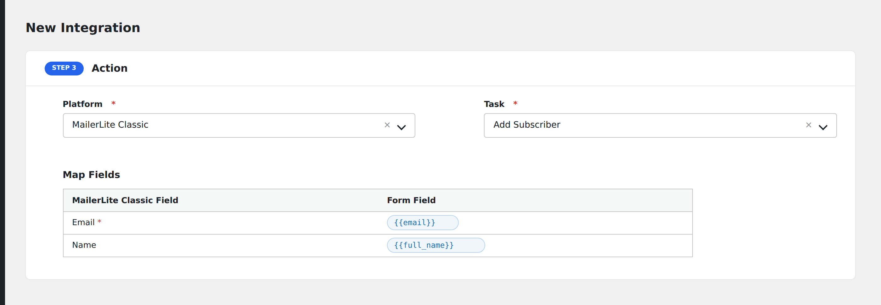 Screenshot: AFI field-mapping screen with MailerLite Classic fields visible