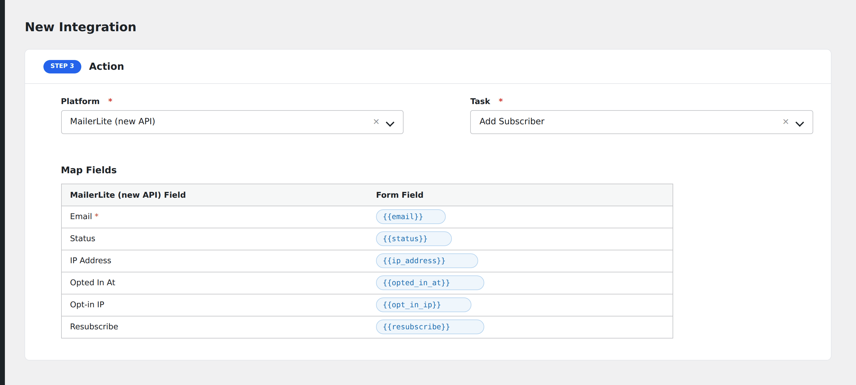 Screenshot: AFI field-mapping screen with MailerLite group and subscriber fields visible
