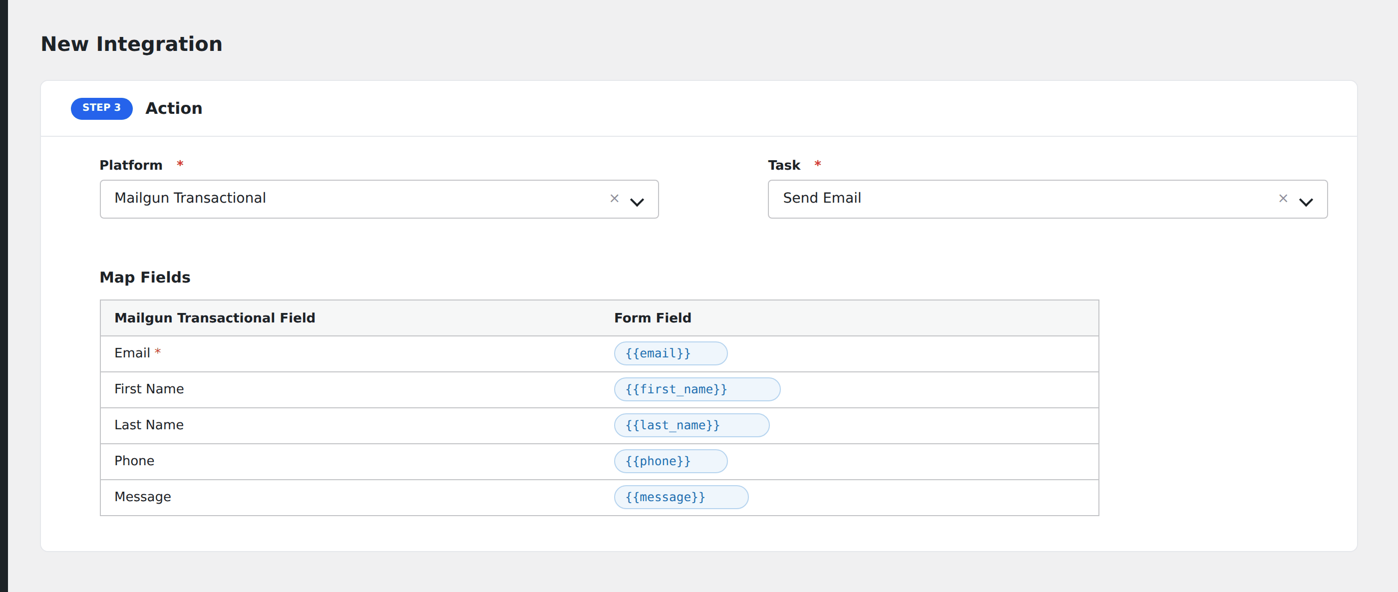 Screenshot: AFI field-mapping screen with Mailgun Transactional email fields visible
