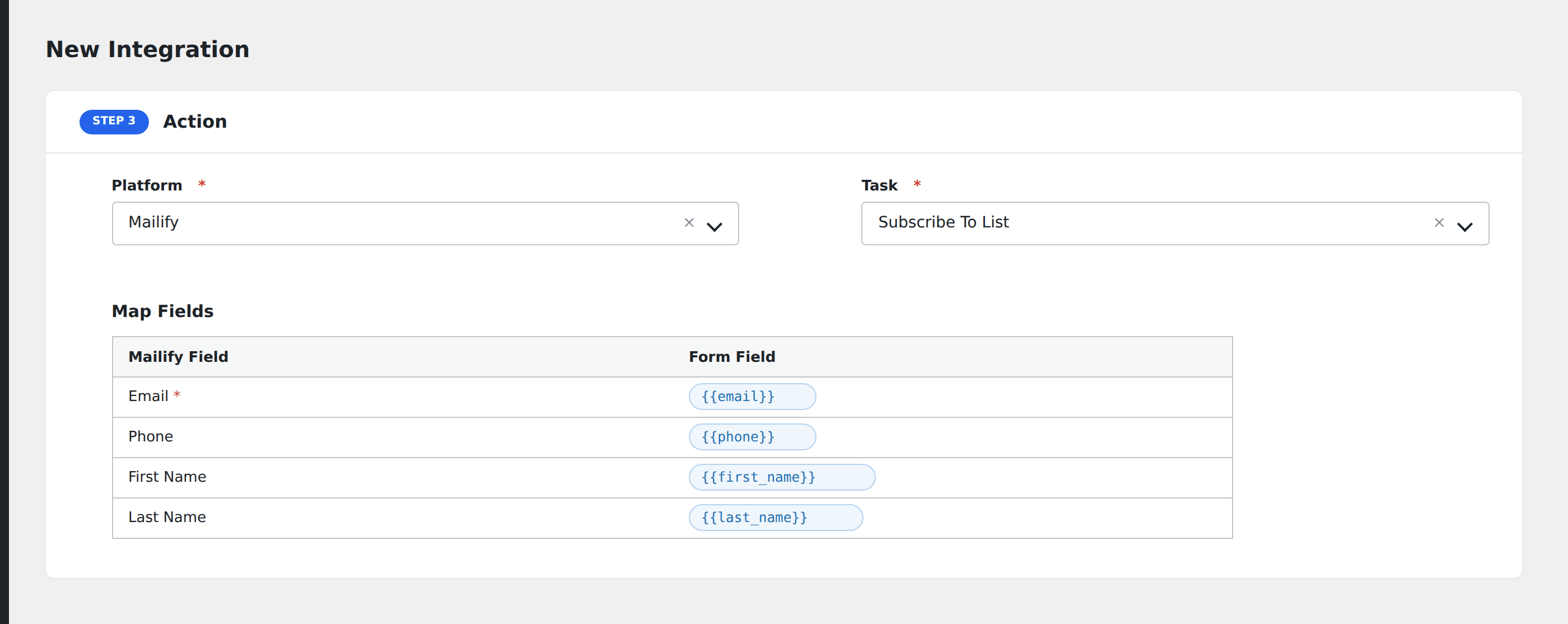 Screenshot: AFI field-mapping screen with Mailify list and contact fields visible