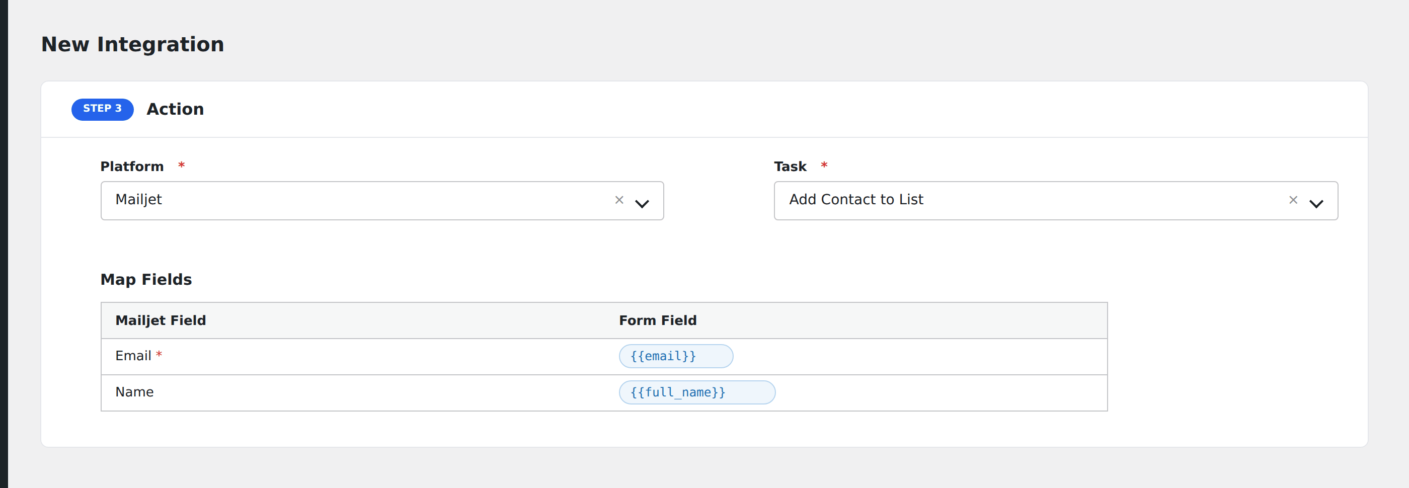 Screenshot: AFI field-mapping screen with Mailjet fields visible