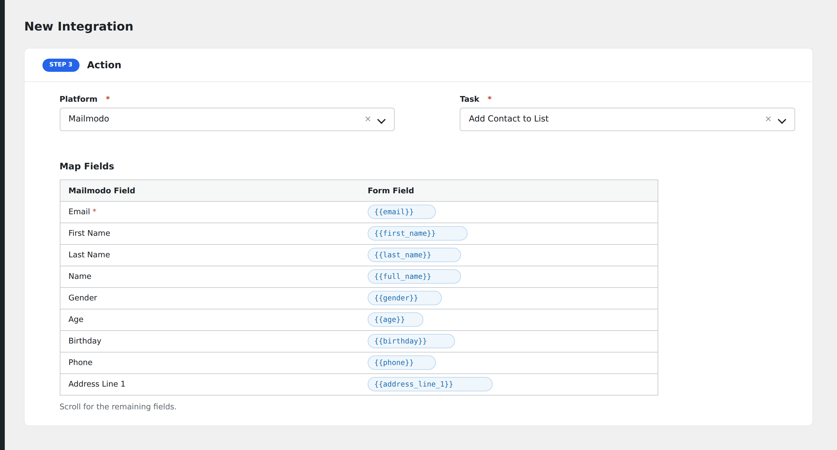 Screenshot: AFI field-mapping screen with Mailmodo list and contact fields visible