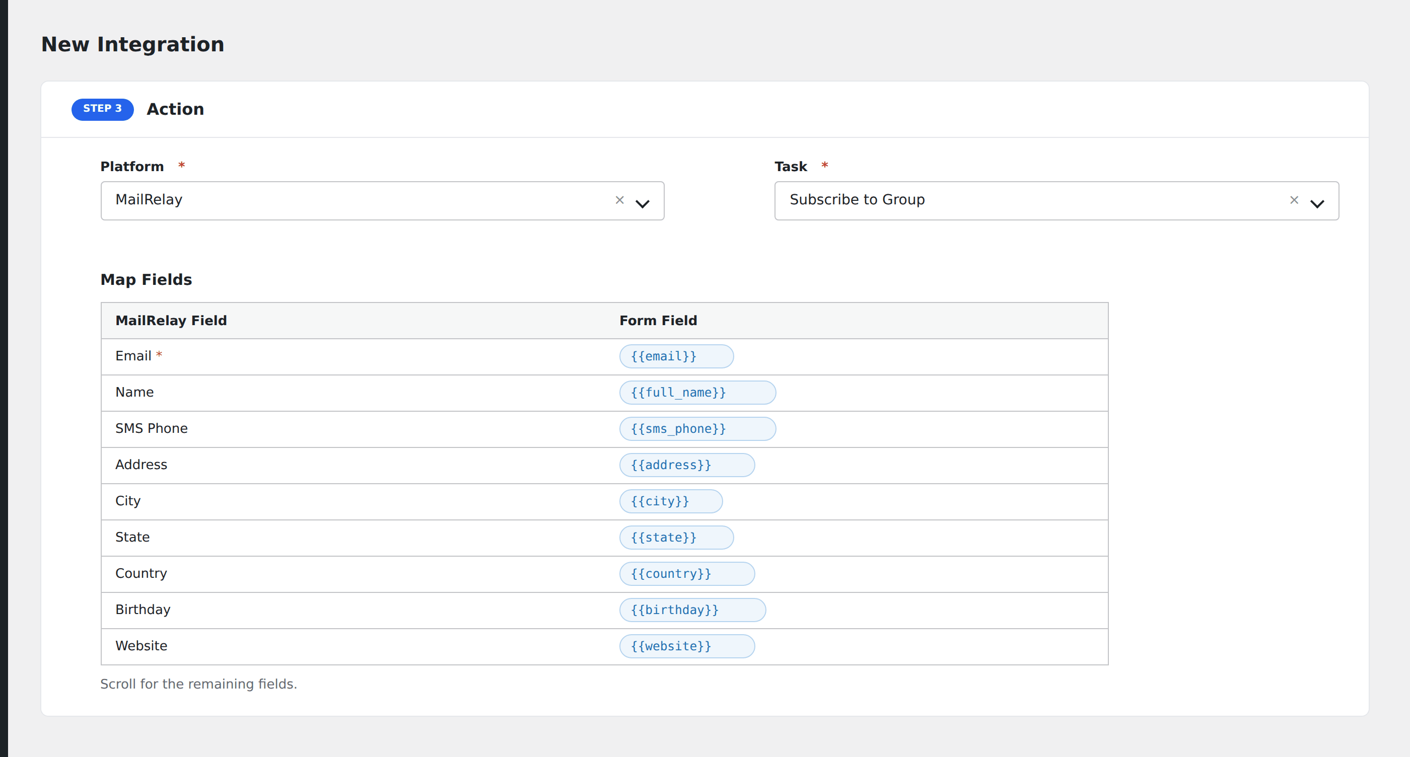Screenshot: AFI field-mapping screen with MailRelay group and subscriber fields visible