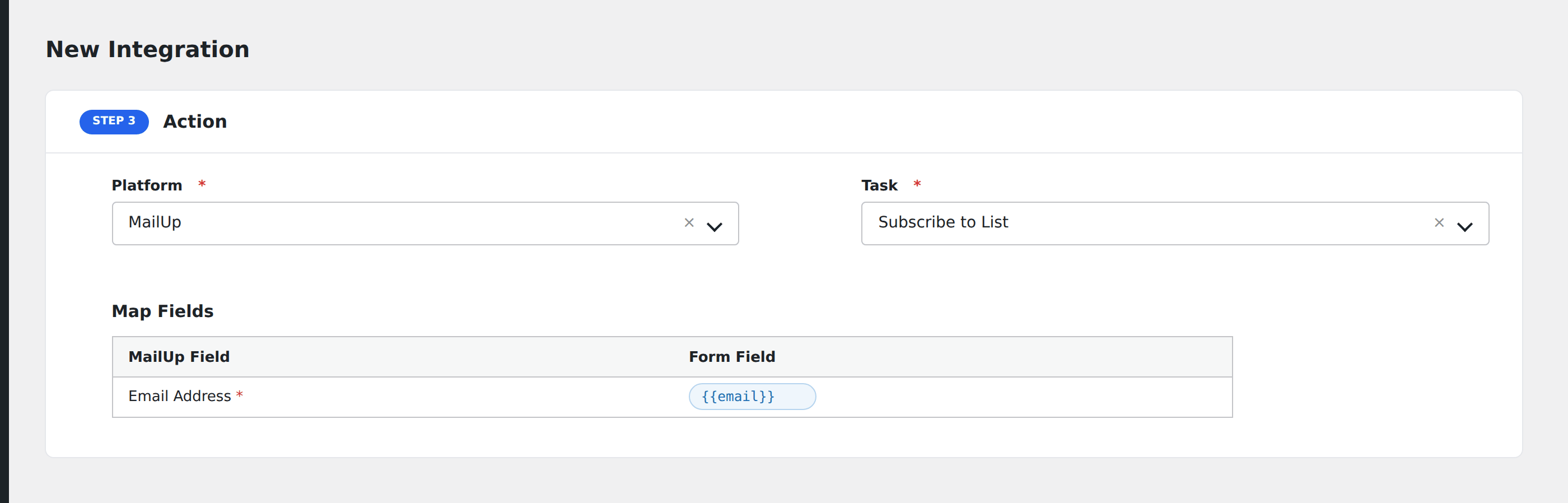 Screenshot: AFI field-mapping screen with MailUp list, group, and dynamic fields visible