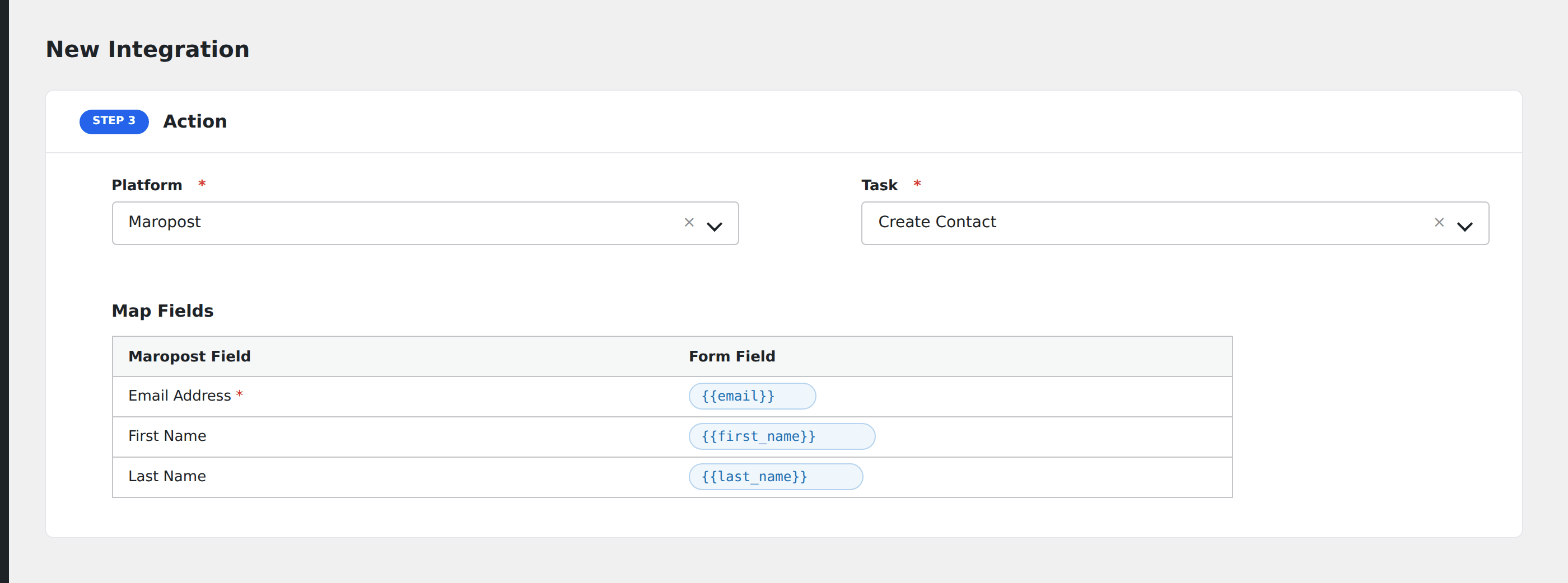 Screenshot: AFI field-mapping screen with Maropost contact and list fields visible