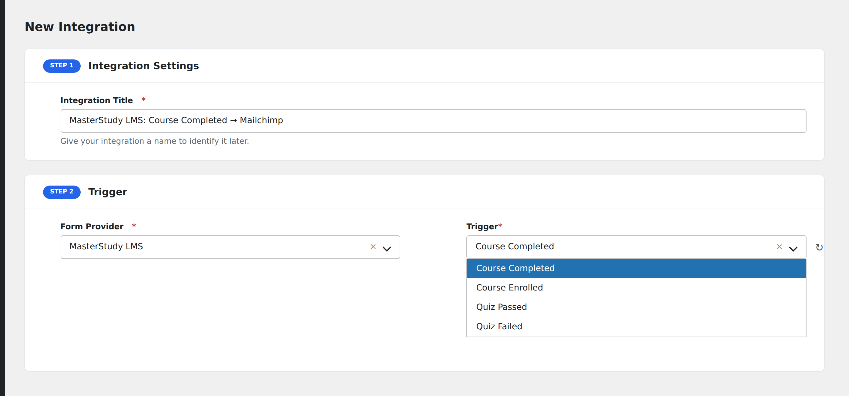 Screenshot: AFI Add New screen with MasterStudy LMS selected