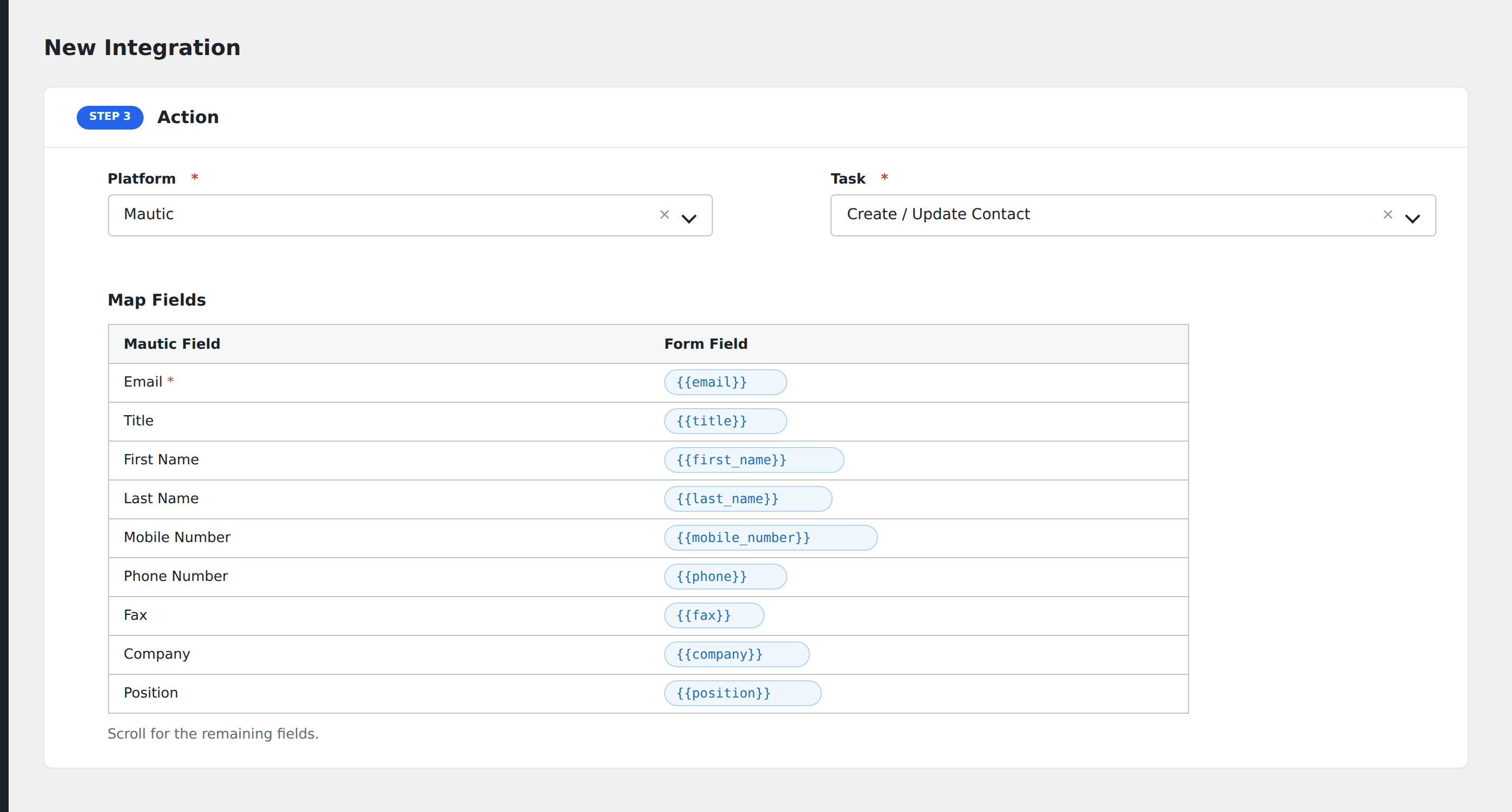 Screenshot: AFI field-mapping screen with Mautic contact fields visible