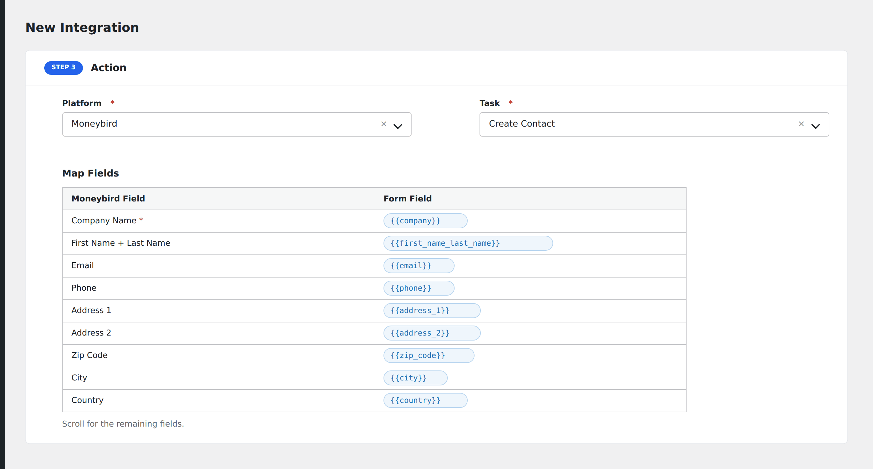 Screenshot: AFI field-mapping screen with Moneybird contact fields visible