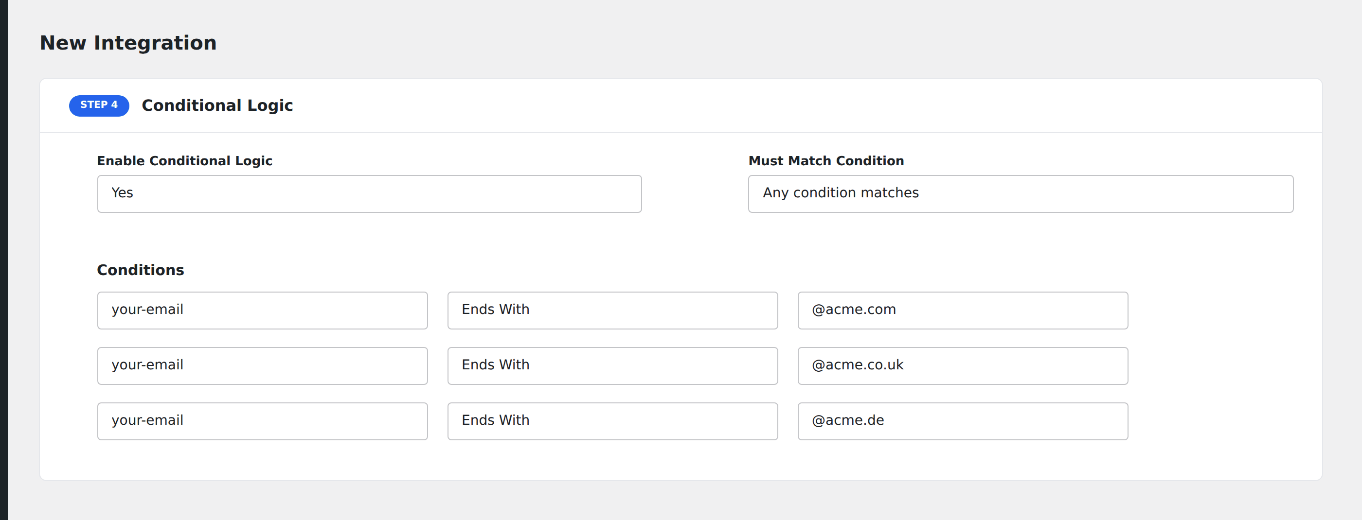 Screenshot: AFI Conditional Logic panel with three condition rows on the email field, each using Ends With with a different domain, and the Must Match Condition dropdown set to "Any condition matches"