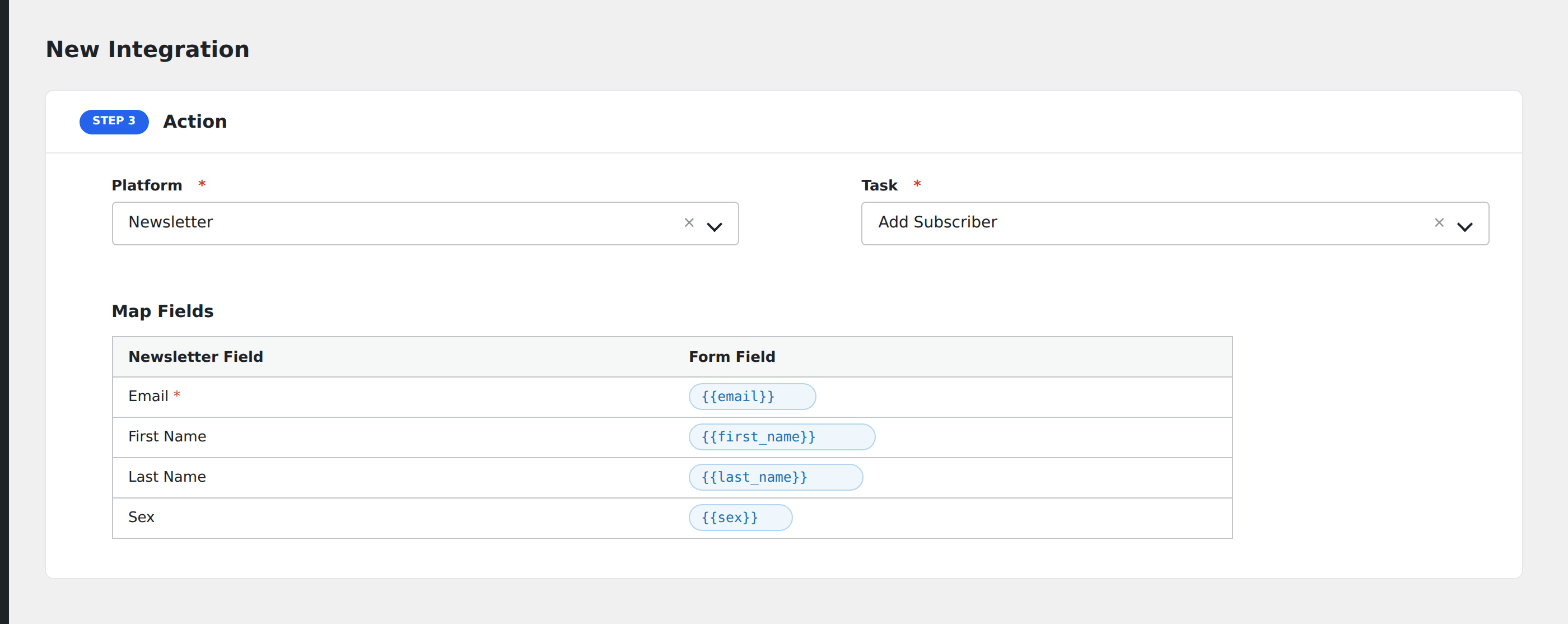 Screenshot: AFI field-mapping screen with Newsletter fields visible