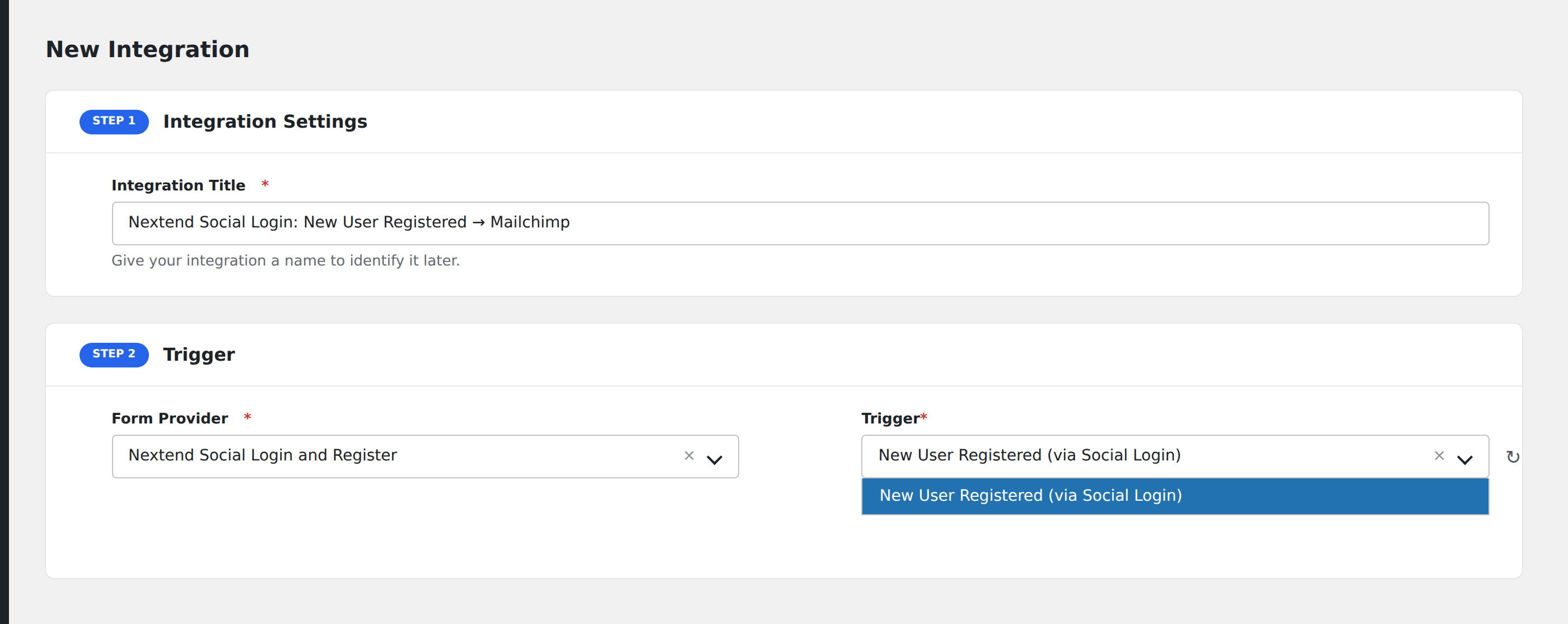 Screenshot: AFI Add New screen with Nextend Social Login selected as the Form/Data Provider