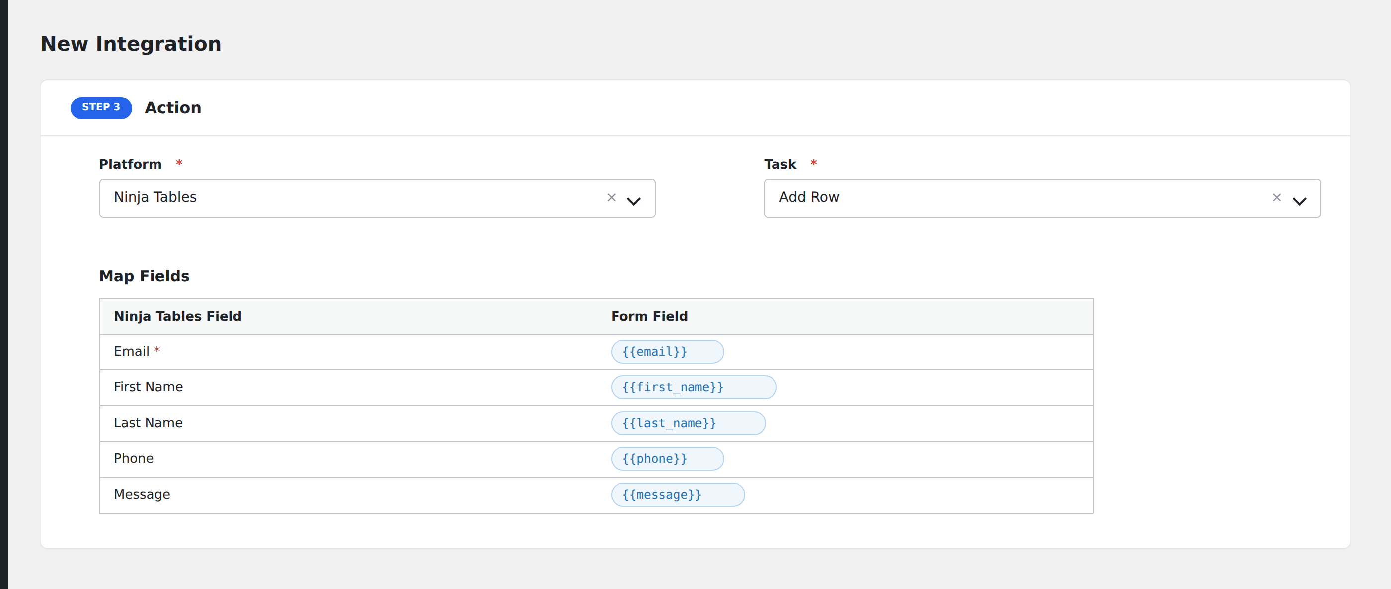 Screenshot: AFI field-mapping screen with Ninja Tables table and column fields visible