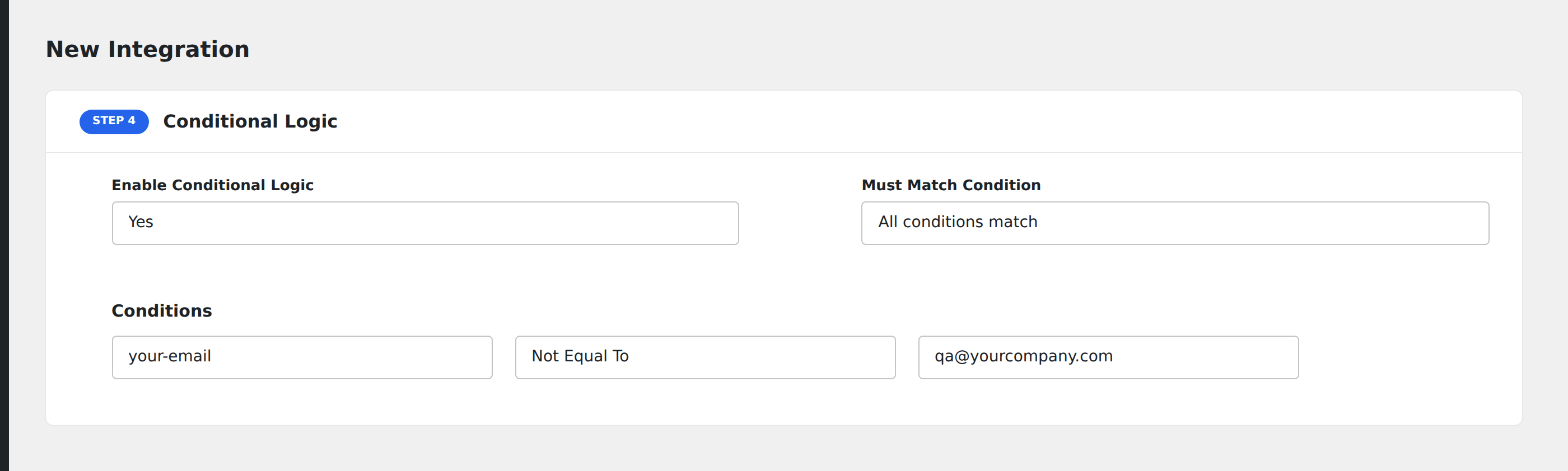 Screenshot: AFI Conditional Logic panel with one condition row: field dropdown set to "your-email", operator dropdown set to "Not Equal To", value field showing "qa@yourcompany.com"