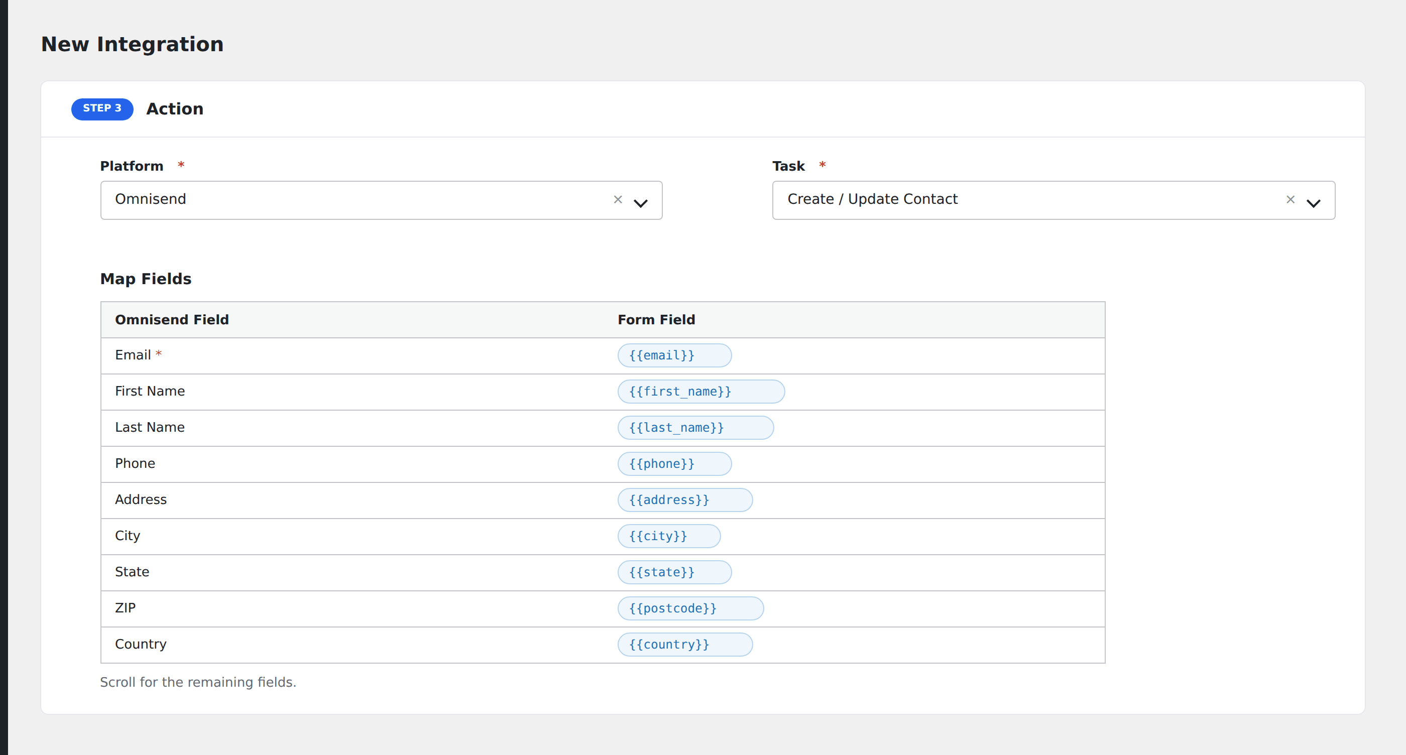 Screenshot: AFI field-mapping screen with Omnisend contact fields visible