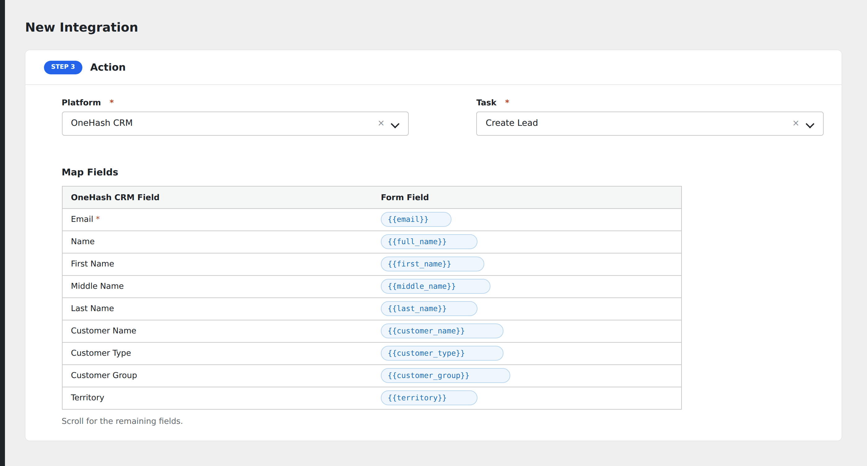 Screenshot: AFI field-mapping screen with OneHash CRM lead fields visible