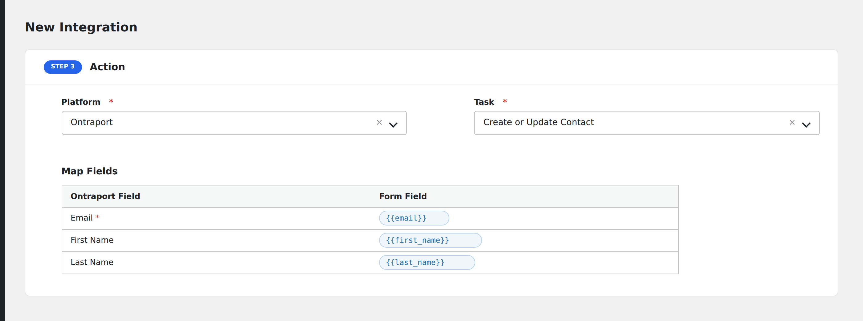 Screenshot: AFI field-mapping screen with Ontraport contact fields visible