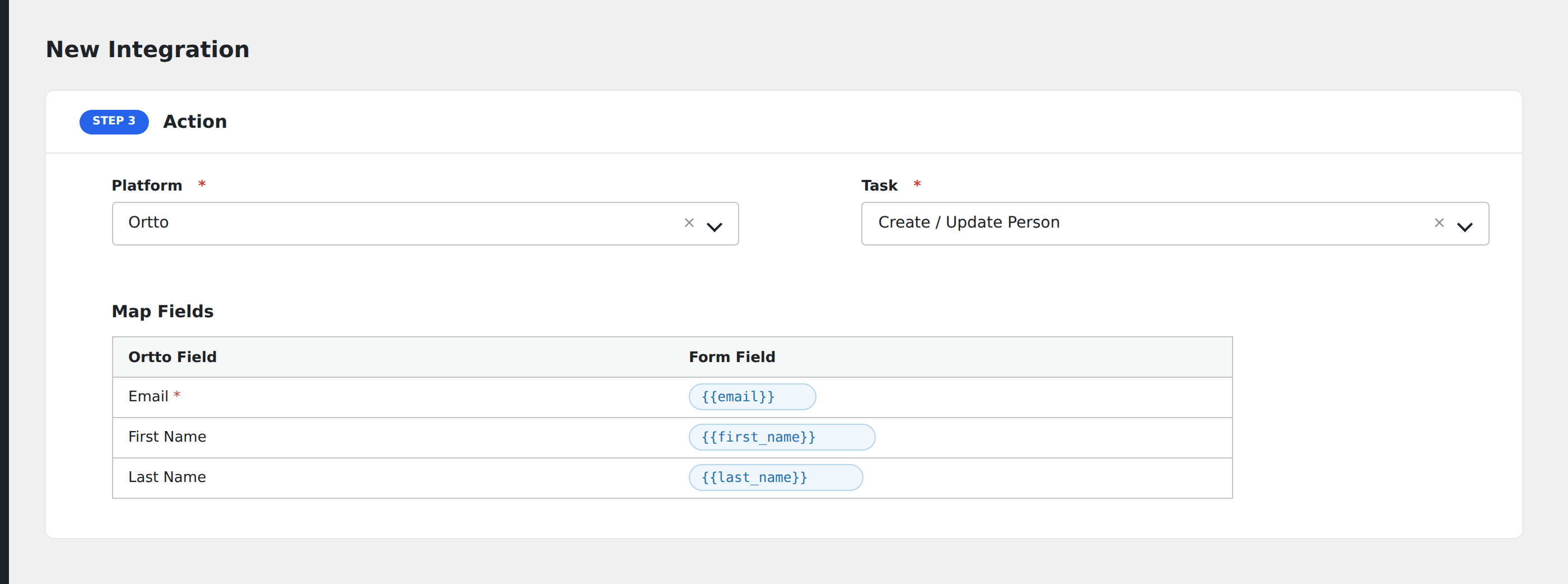 Screenshot: AFI field-mapping screen with Ortto fields visible