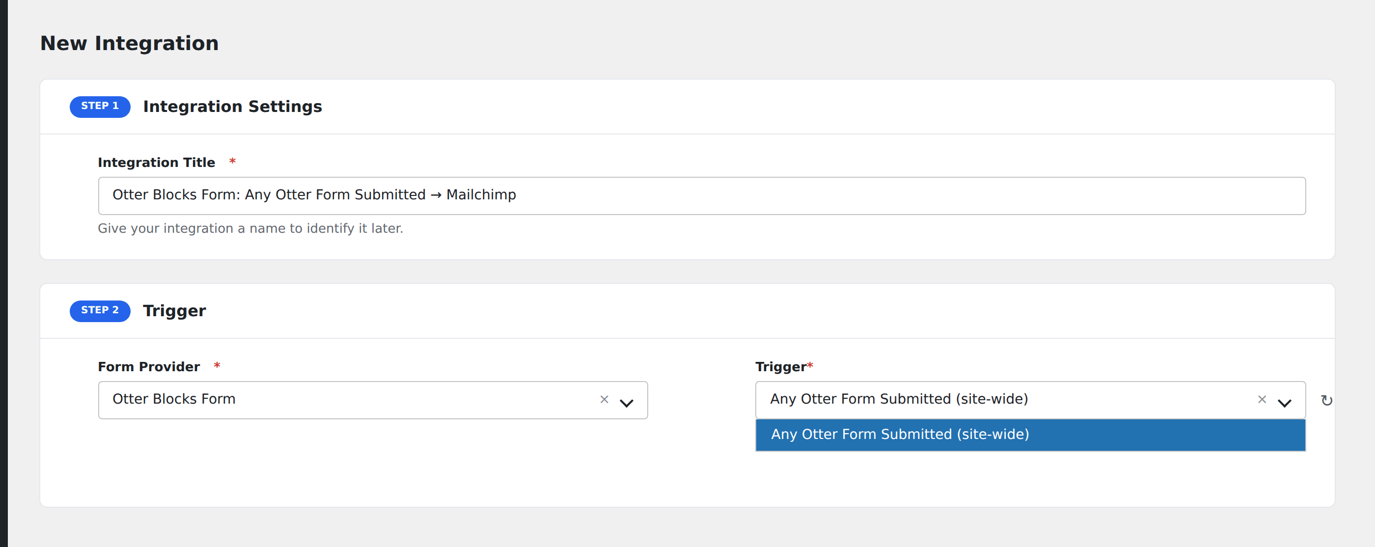 Screenshot: AFI Add New screen with Otter Blocks Form selected as the Form/Data Provider