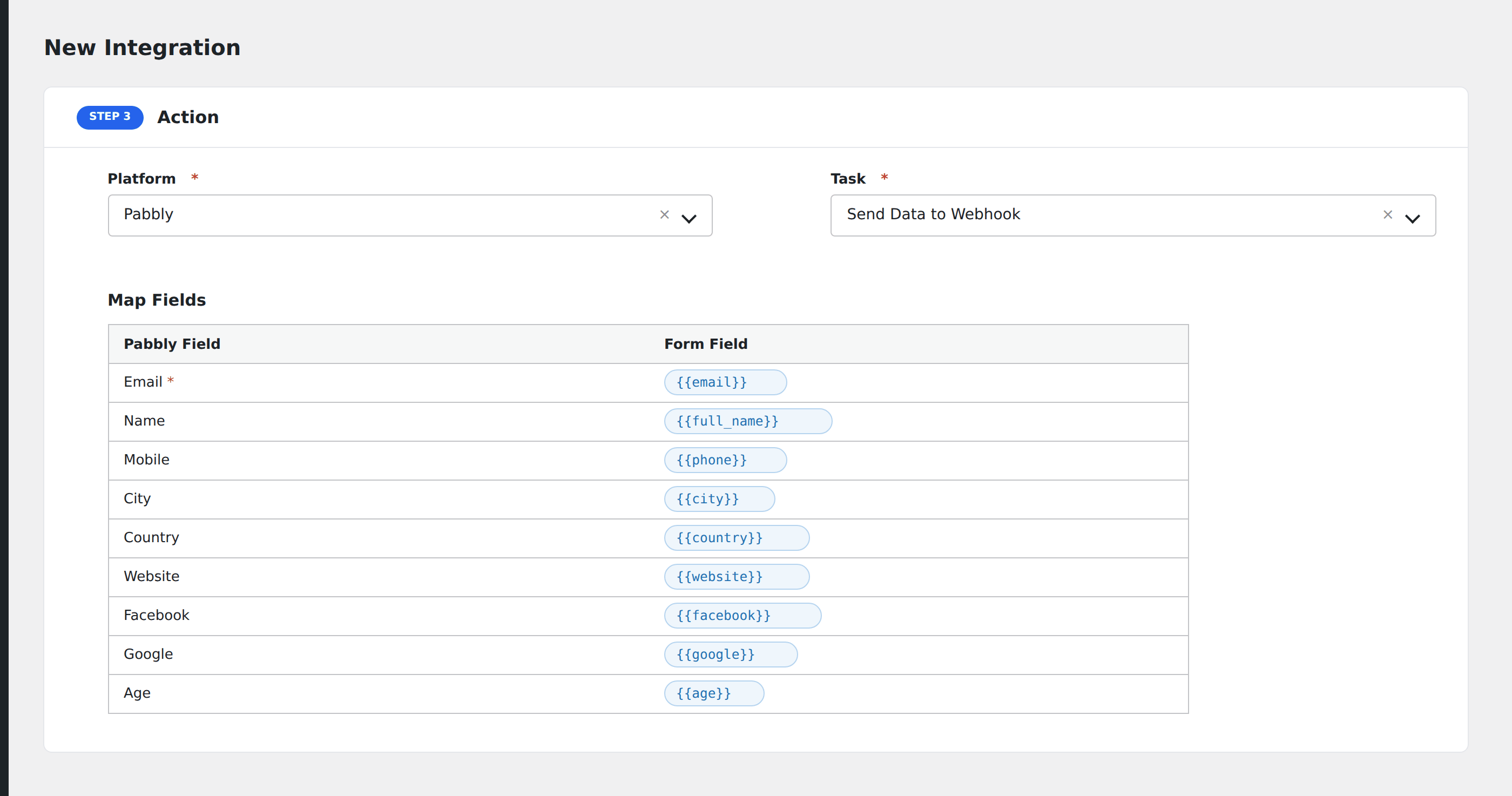 Screenshot: AFI Add New screen with Pabbly selected, the webhook URL pasted, and field mapping below
