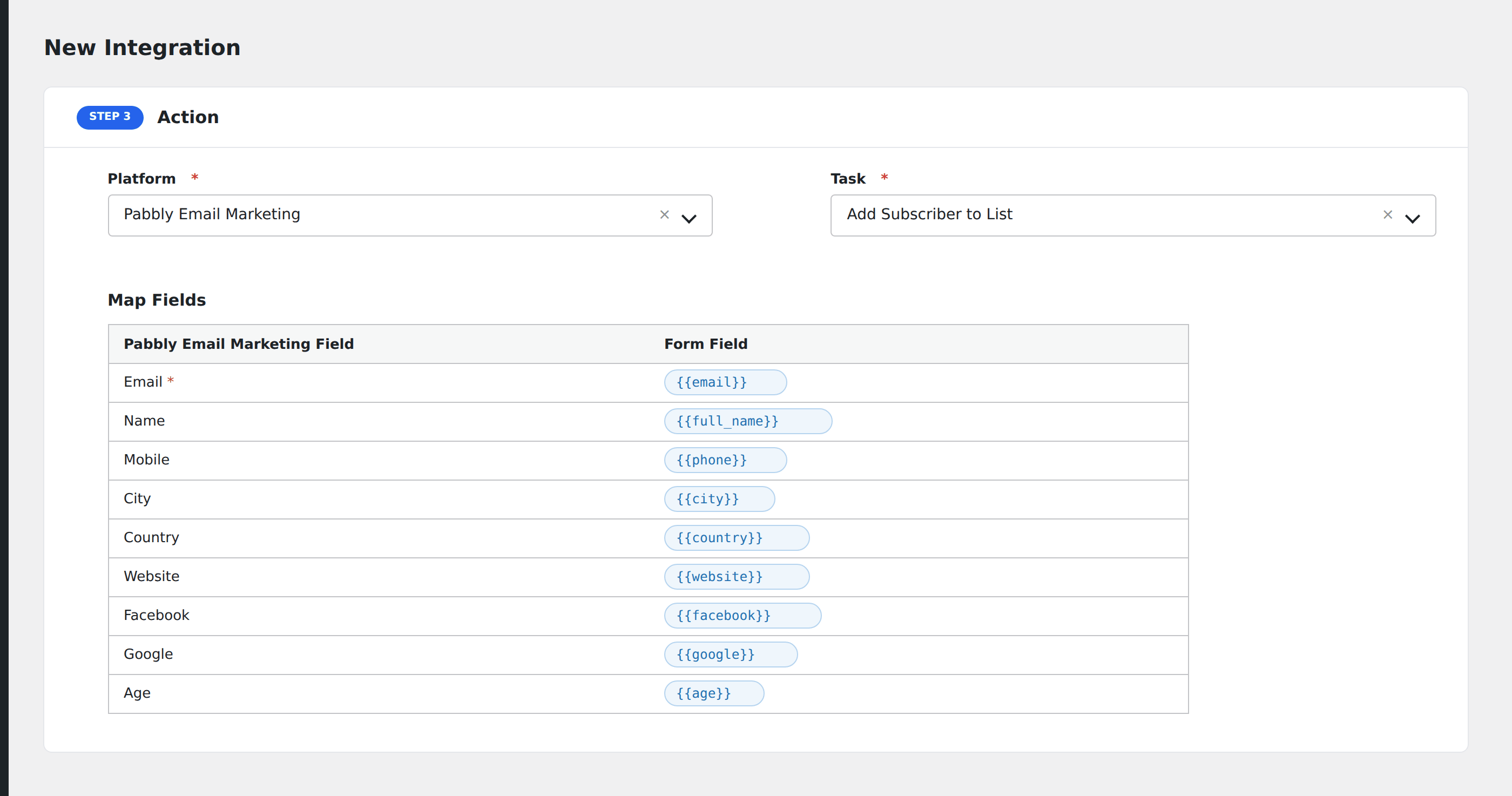 Screenshot: AFI field-mapping screen with Pabbly Email Marketing fields visible