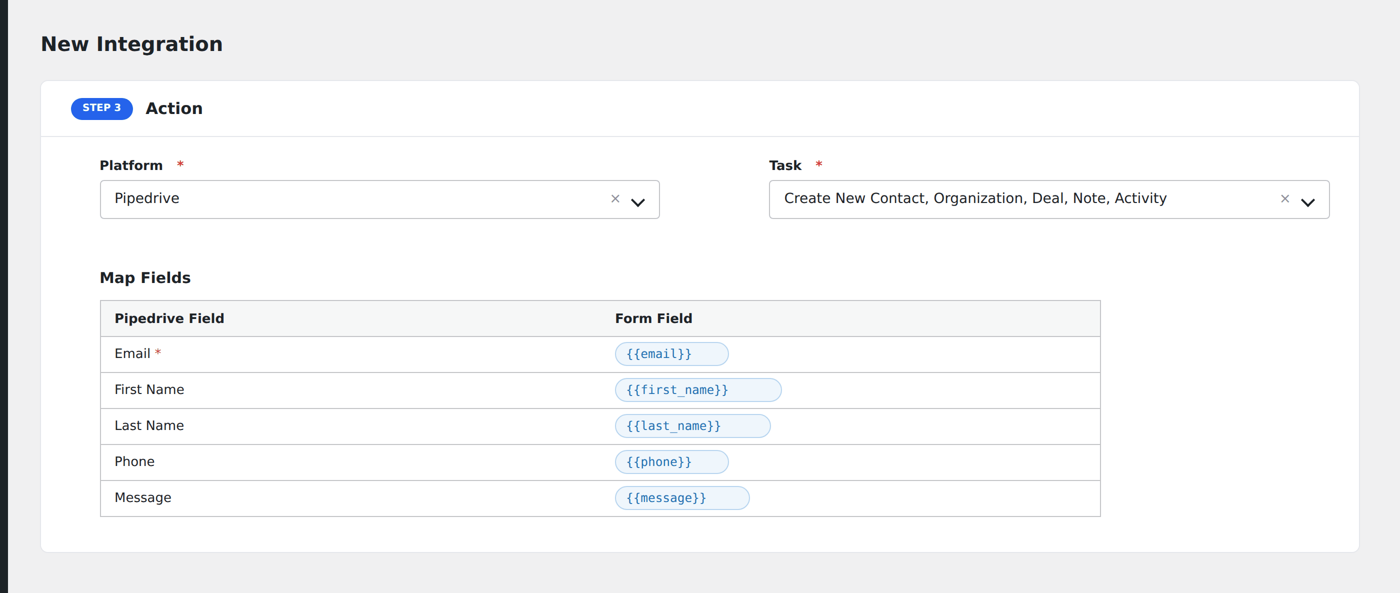 Screenshot: AFI field-mapping screen with Pipedrive Person fields shown next to form field tokens