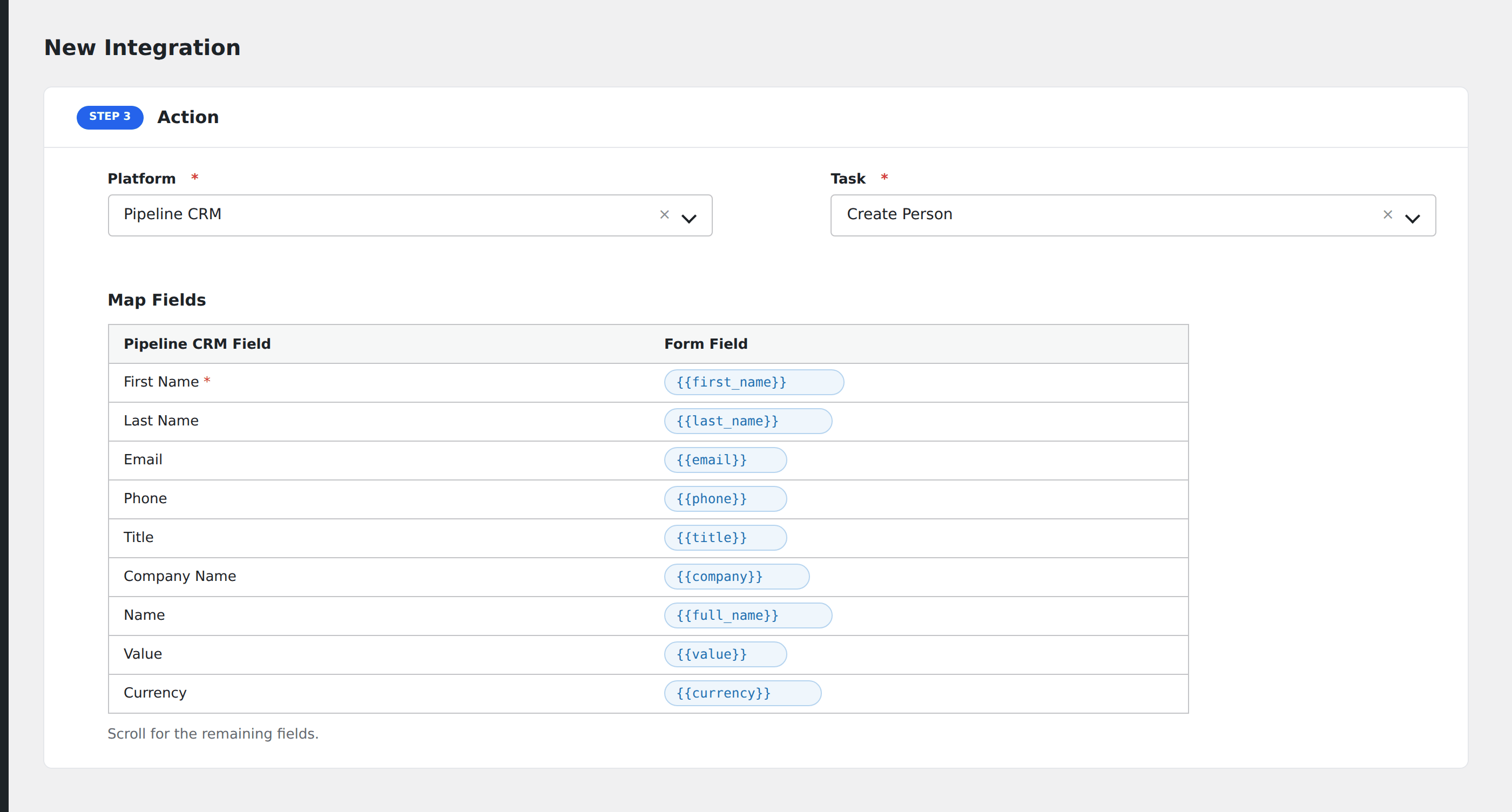 Screenshot: AFI field-mapping screen with Pipeline CRM person fields visible