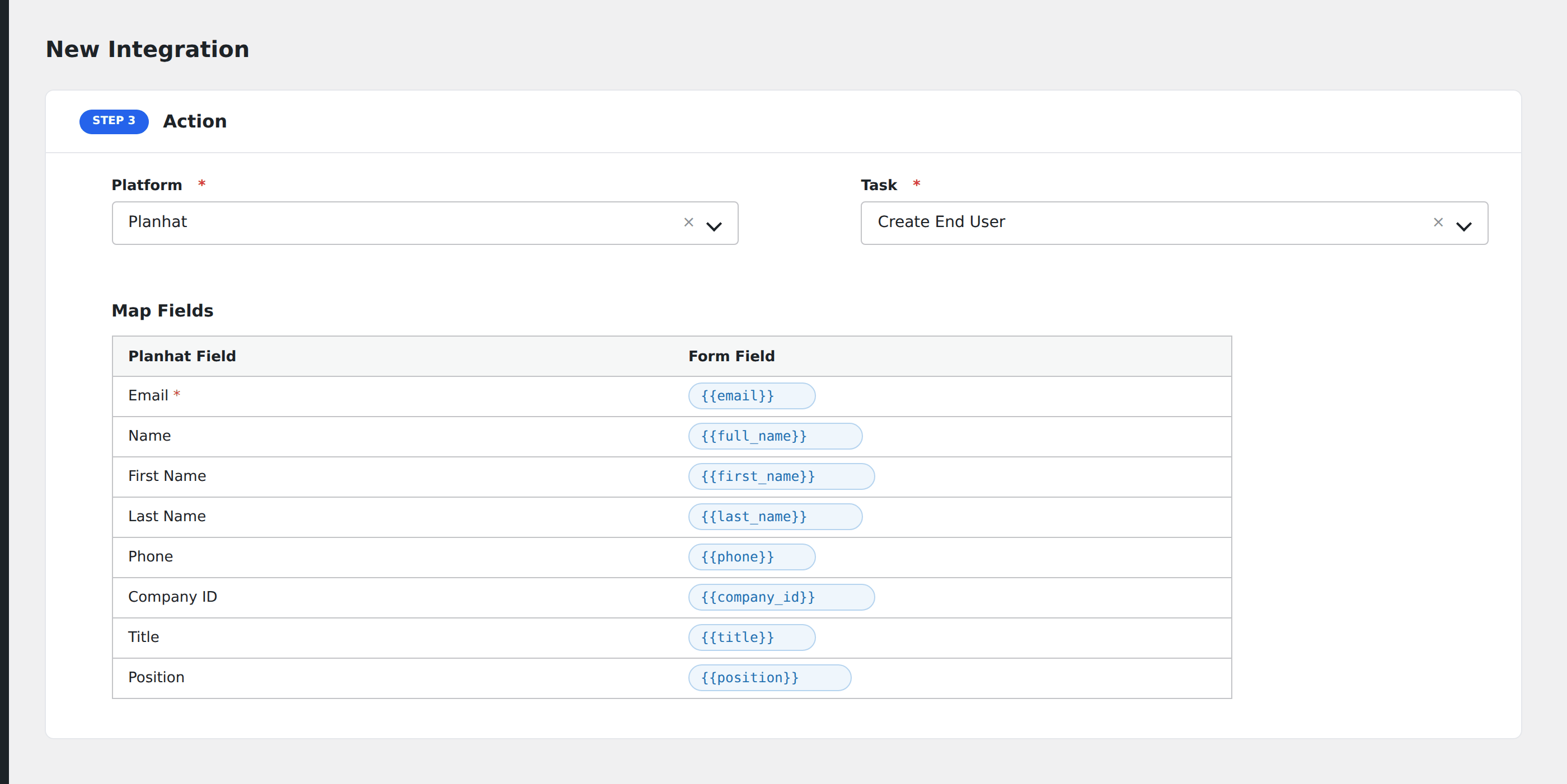 Screenshot: AFI field-mapping screen with Planhat end-user fields visible