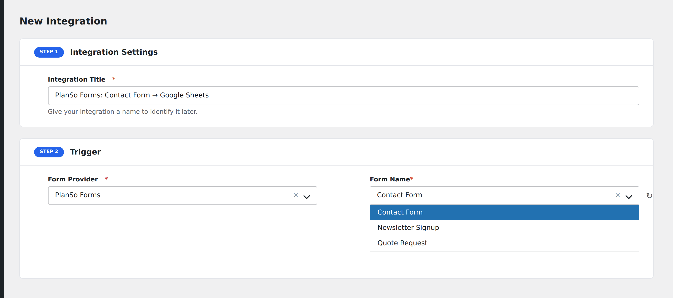 Screenshot: AFI Add New screen with PlanSo Forms selected