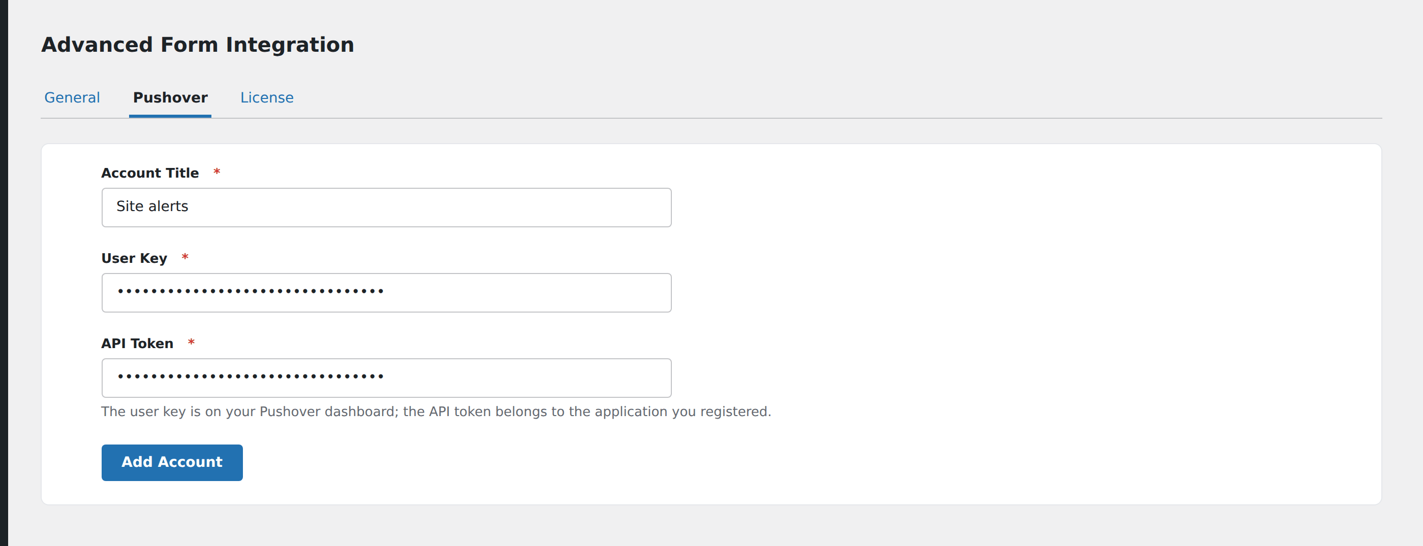 Screenshot: AFI Settings → Pushover with the account title, User Key and API Token fields filled in