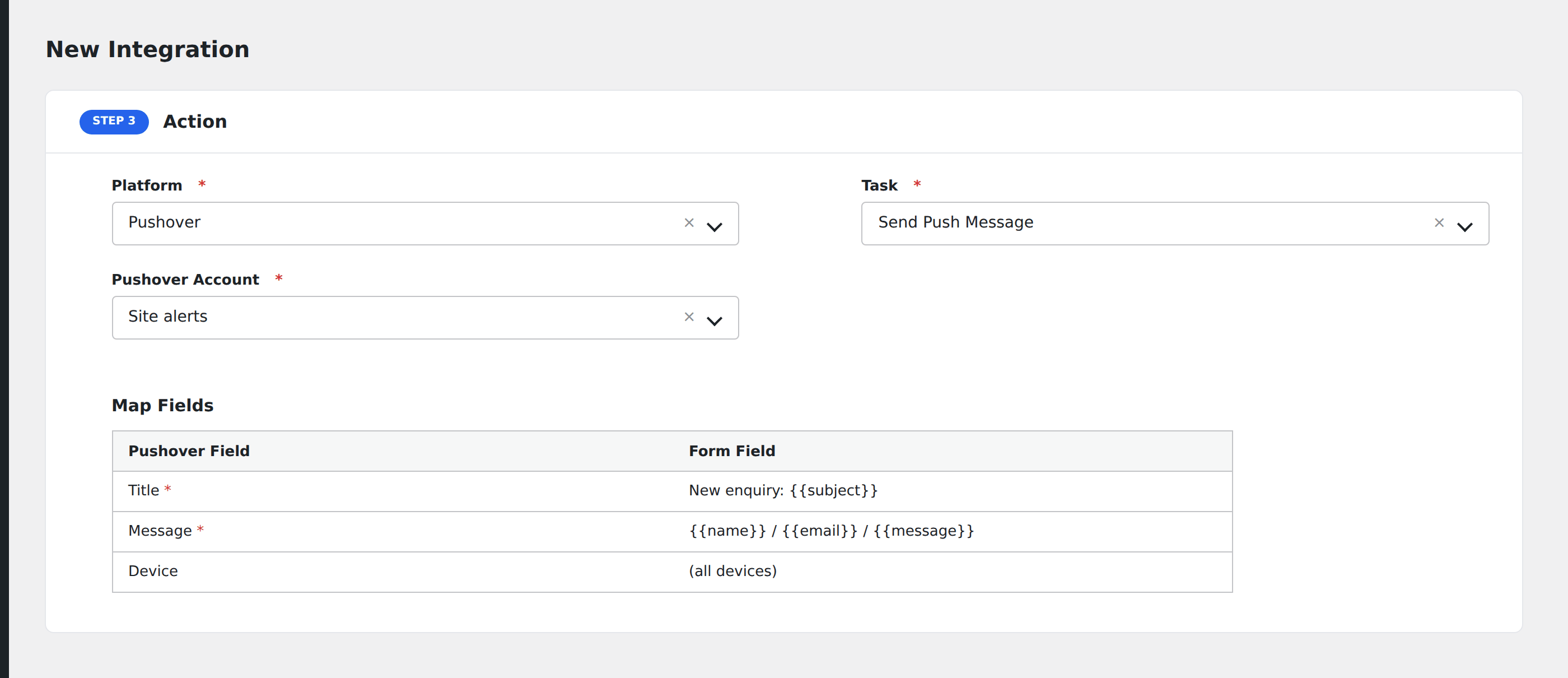 Screenshot: the AFI action step for Pushover with the Title, Message and Device fields completed