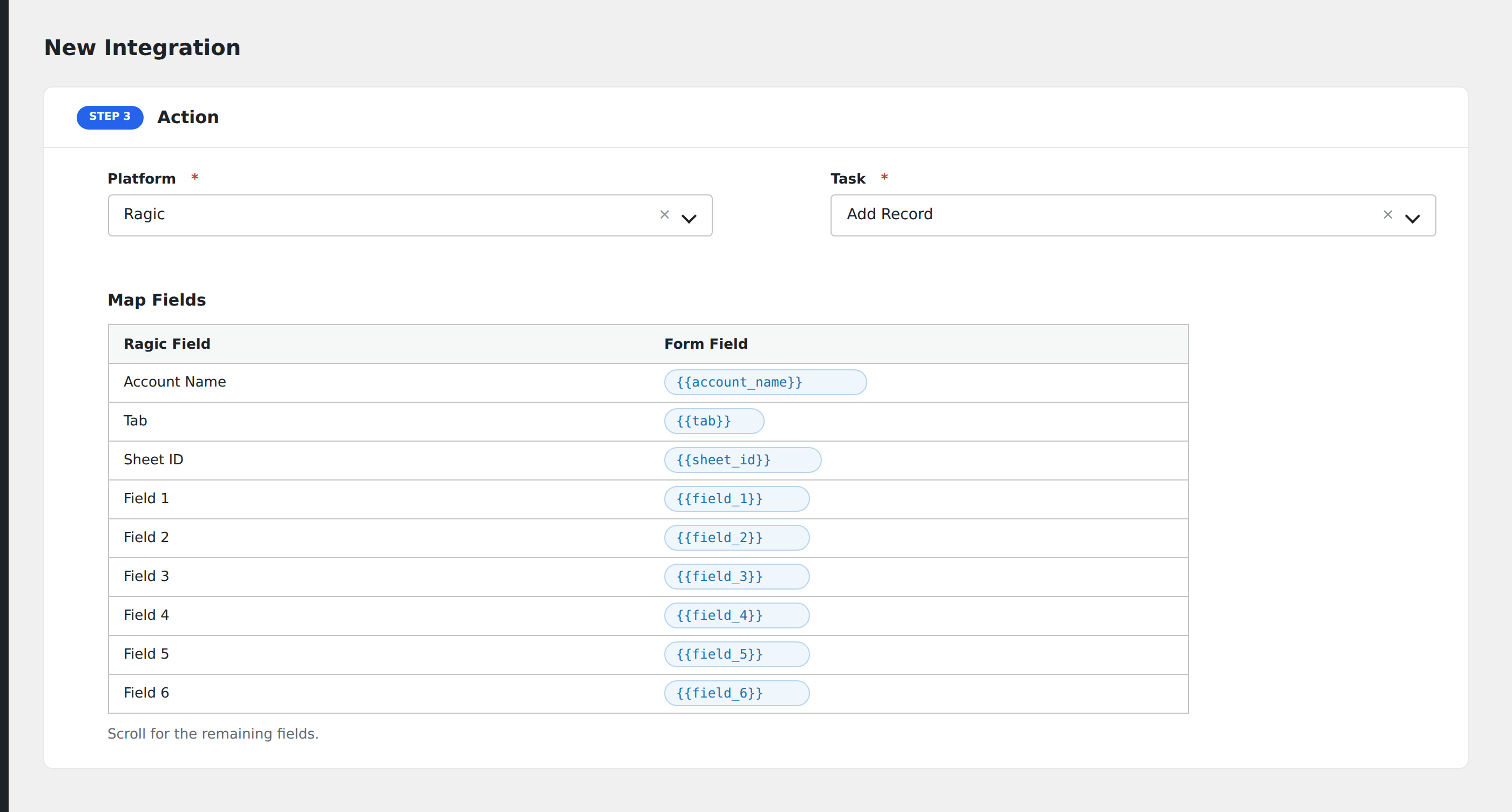 Screenshot: AFI field-mapping screen with Ragic account, tab, sheet, and field-mapping syntax visible