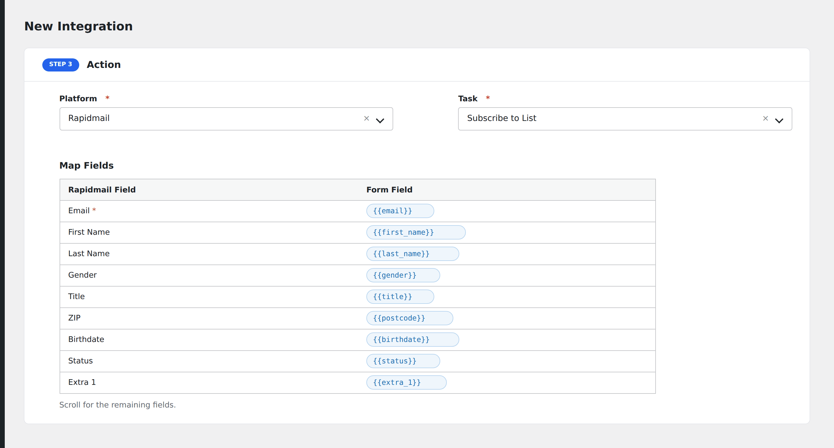Screenshot: AFI field-mapping screen with Rapidmail list and subscriber fields visible