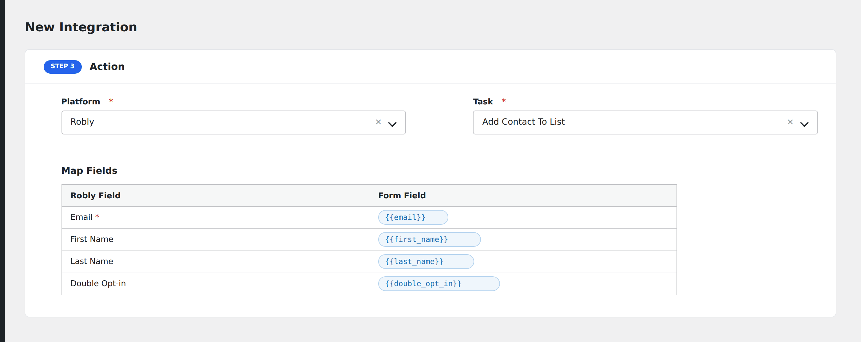 Screenshot: AFI field-mapping screen with Robly list and contact fields visible