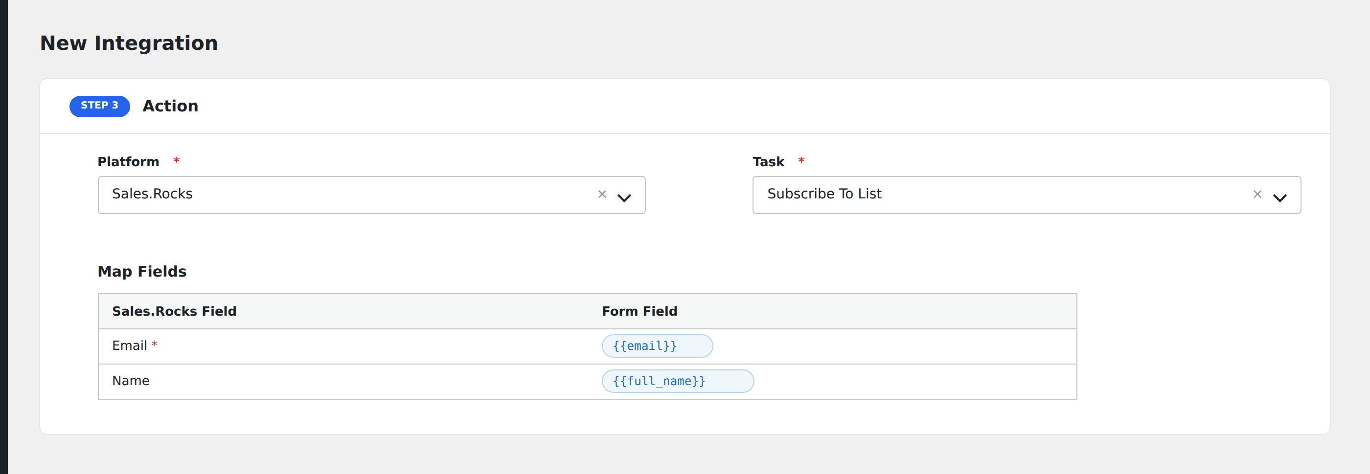 Screenshot: AFI field-mapping screen with Sales.Rocks list and contact fields visible
